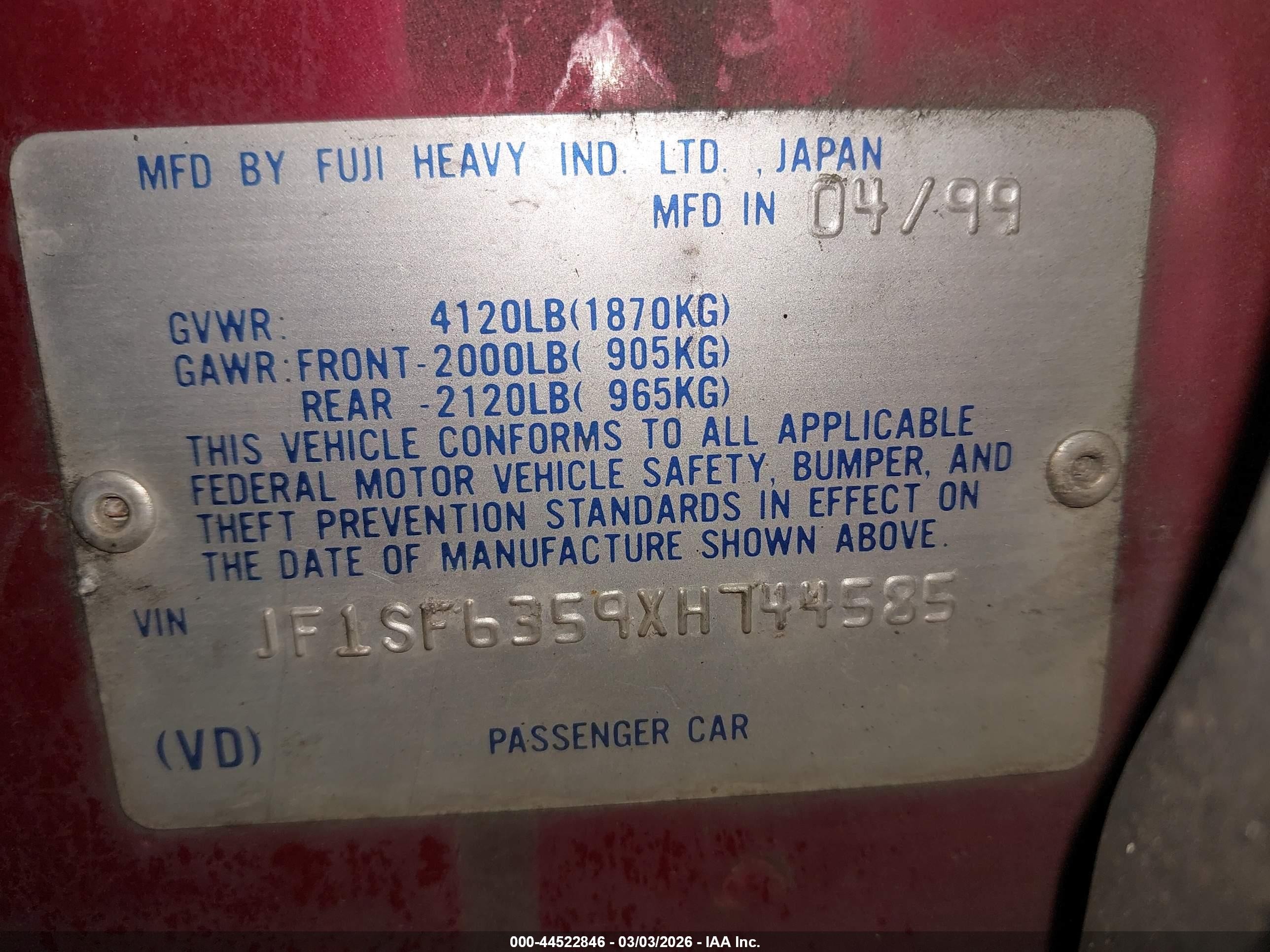 1999 Subaru Forester L Burgundy vin: JF1SF6359XH744585