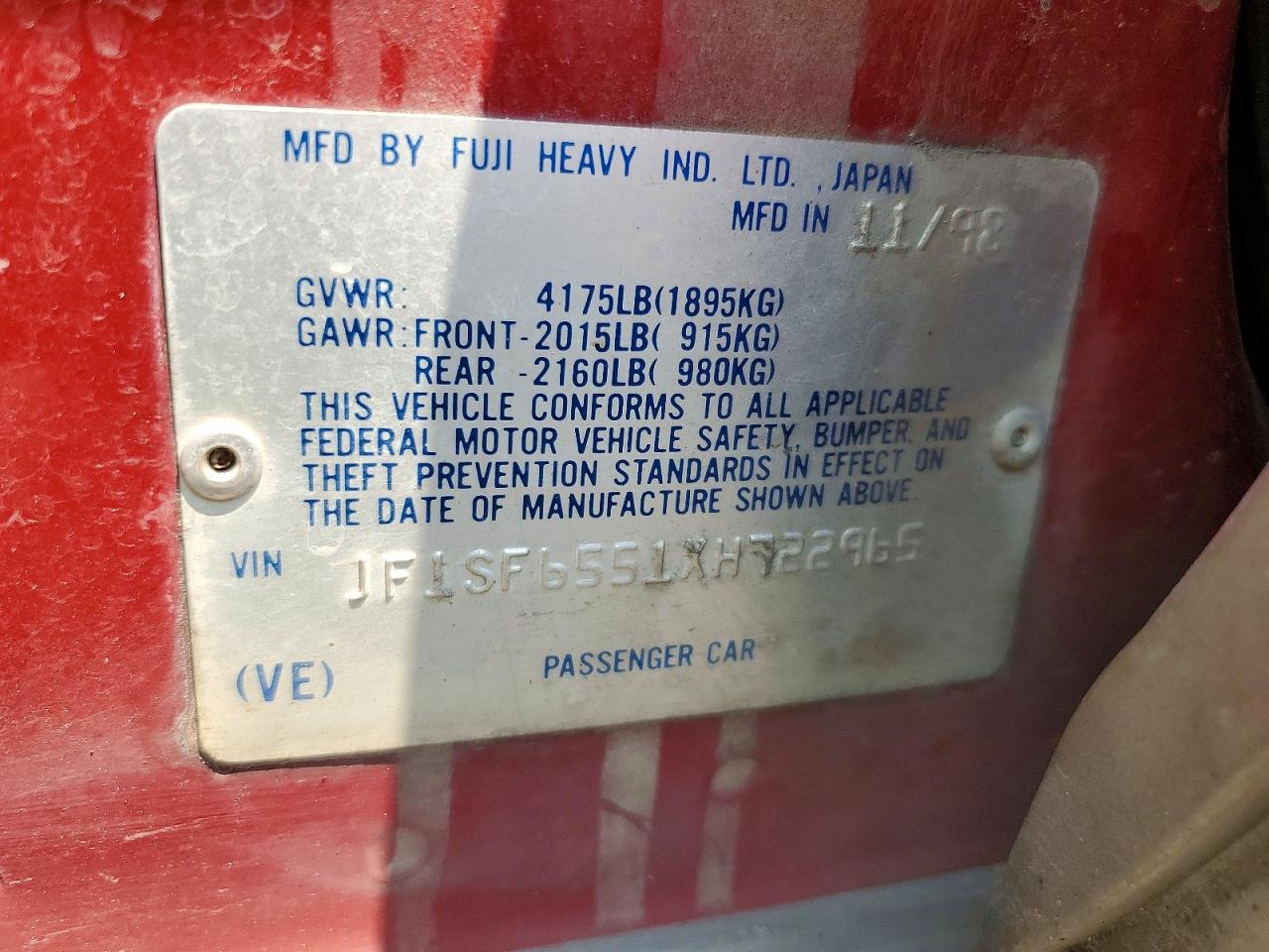 1999 Subaru Forester S Red vin: JF1SF6551XH722965