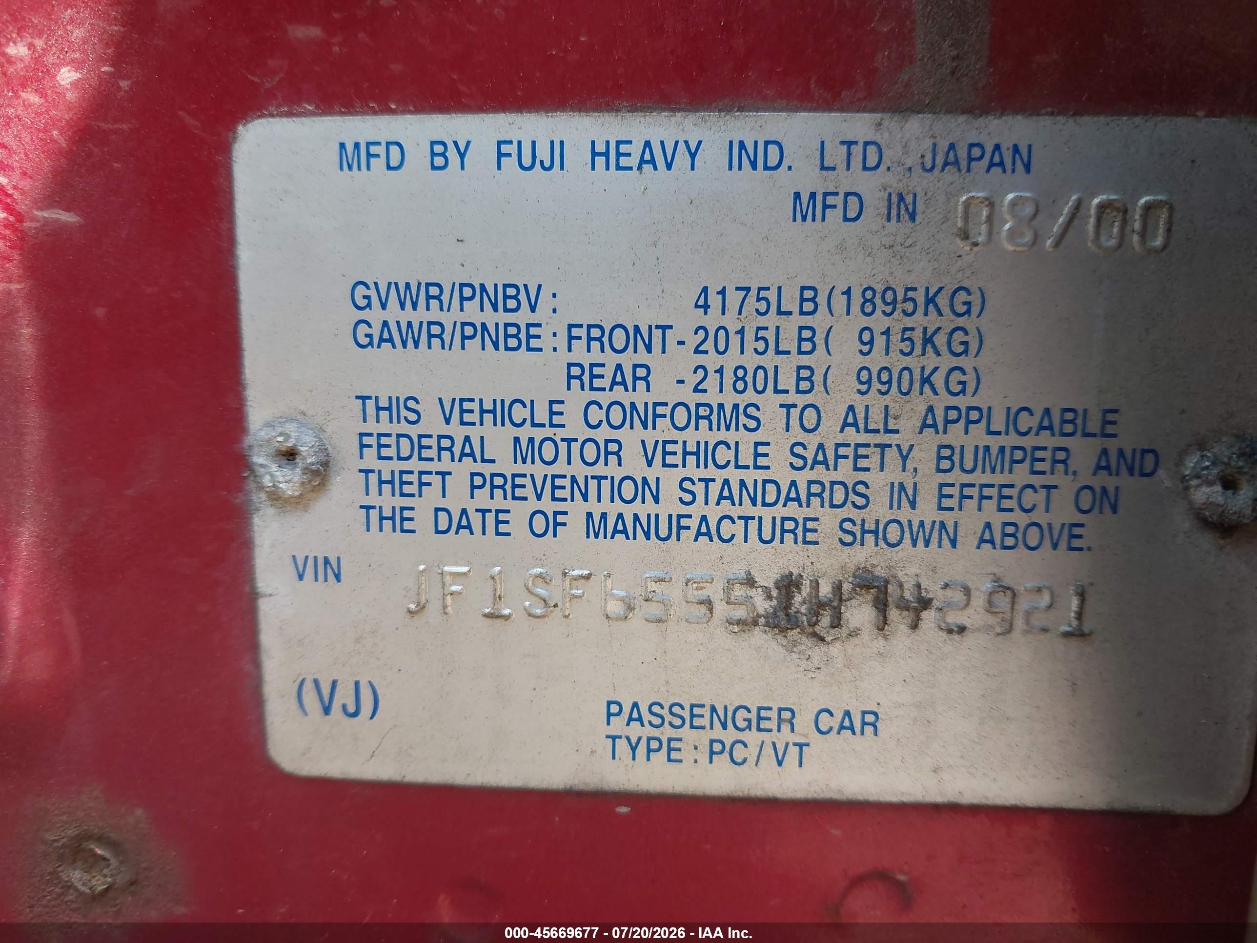 2001 Subaru Forester S Красный vin: JF1SF65551H742921