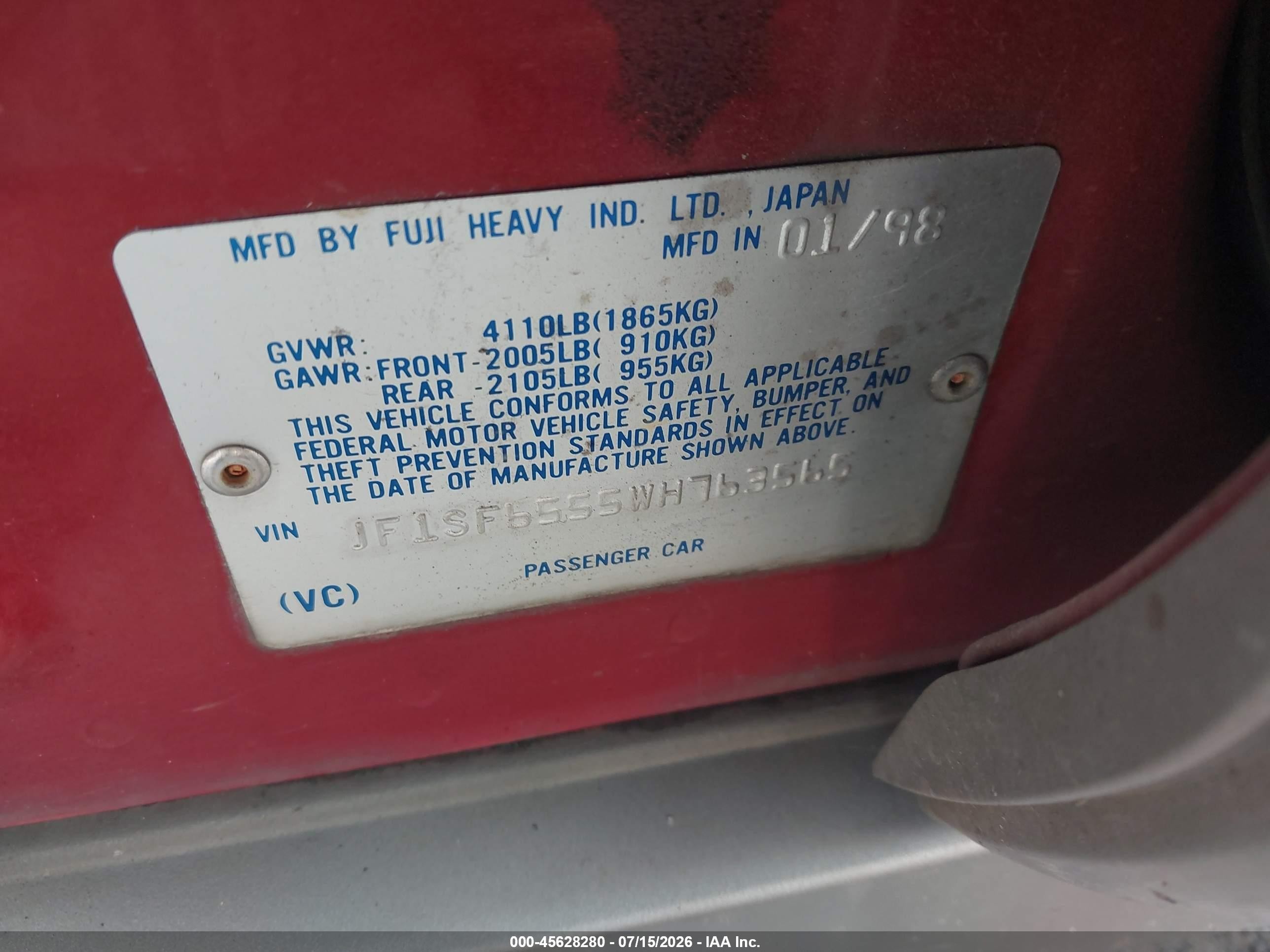 1998 Subaru Forester S Red vin: JF1SF6555WH763565