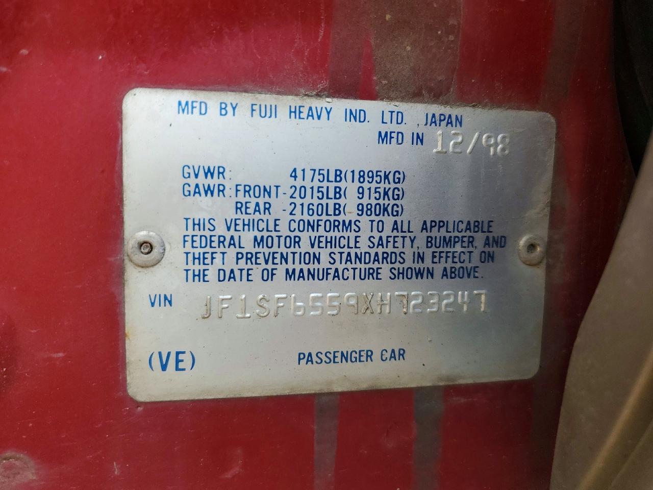 1999 Subaru Forester S Red vin: JF1SF6559XH723247