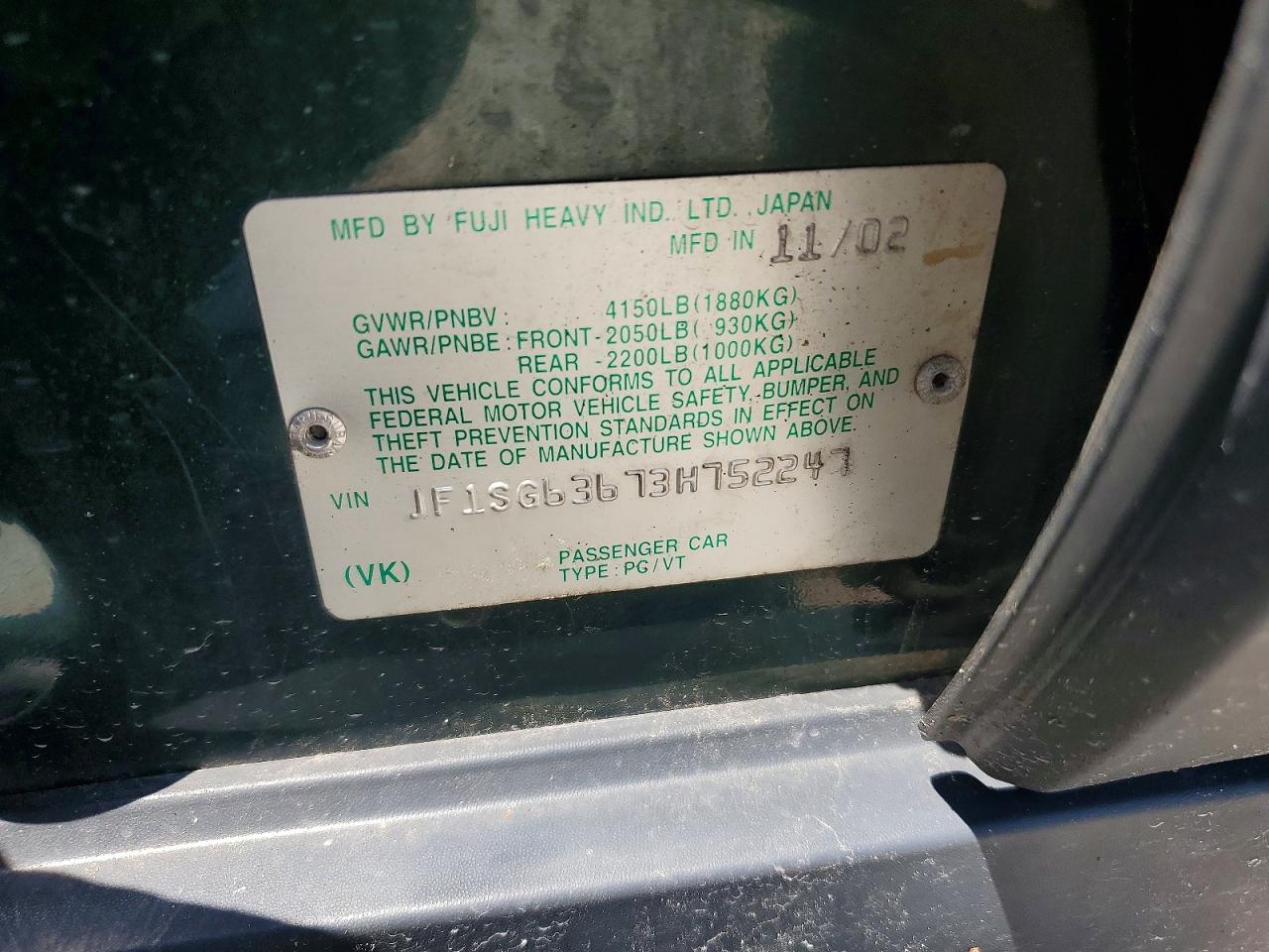 2003 Subaru Forester 2.5x Green vin: JF1SG63673H752247