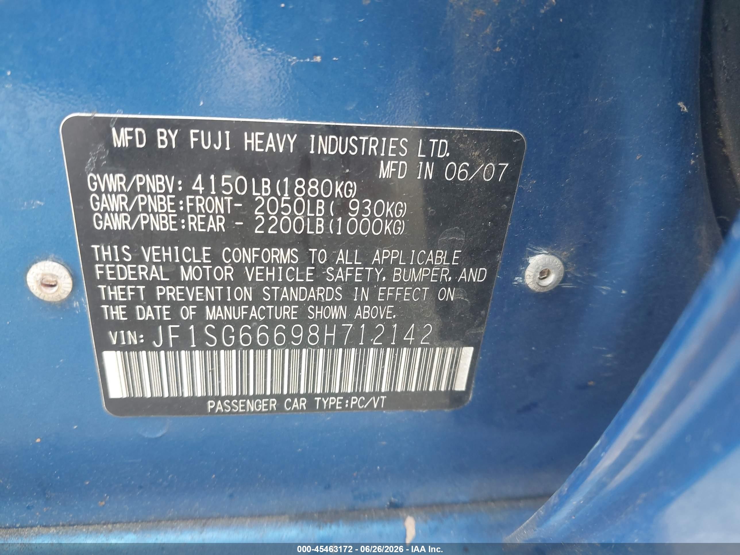 2008 Subaru Forester Sports 2.5x Blue vin: JF1SG66698H712142