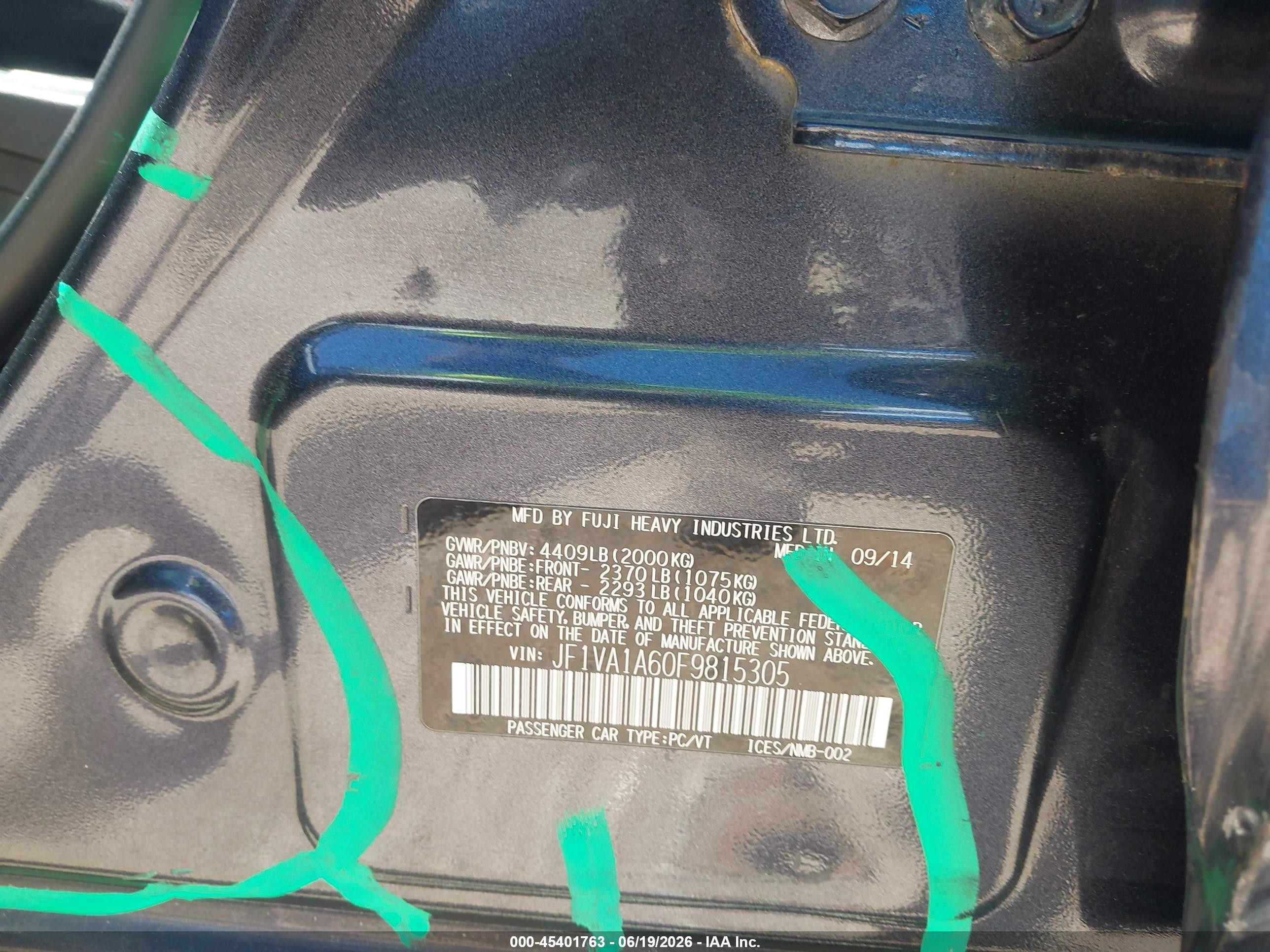 2015 Subaru Wrx Черный vin: JF1VA1A60F9815305