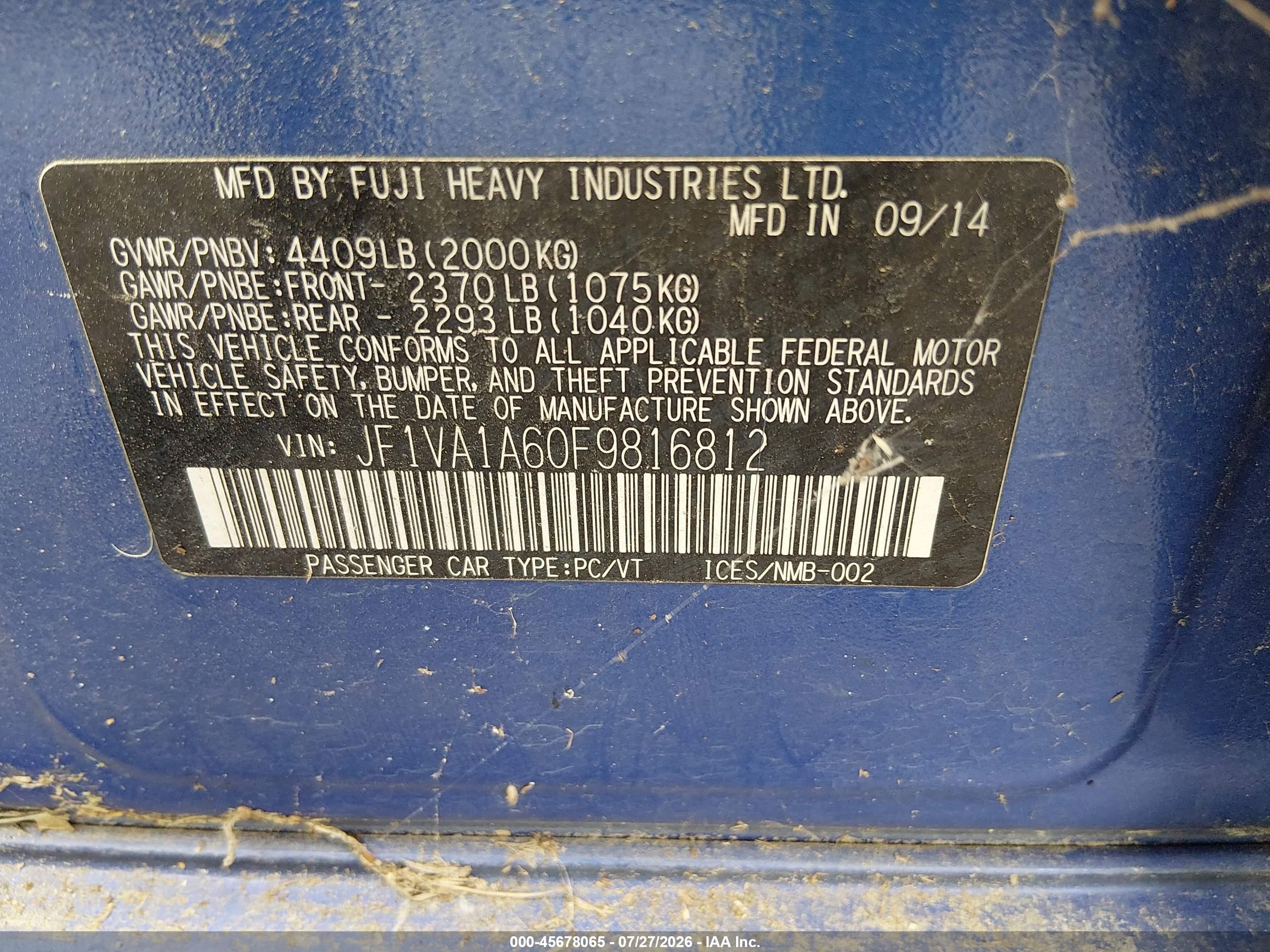 2015 Subaru Wrx   Blue vin: JF1VA1A60F9816812