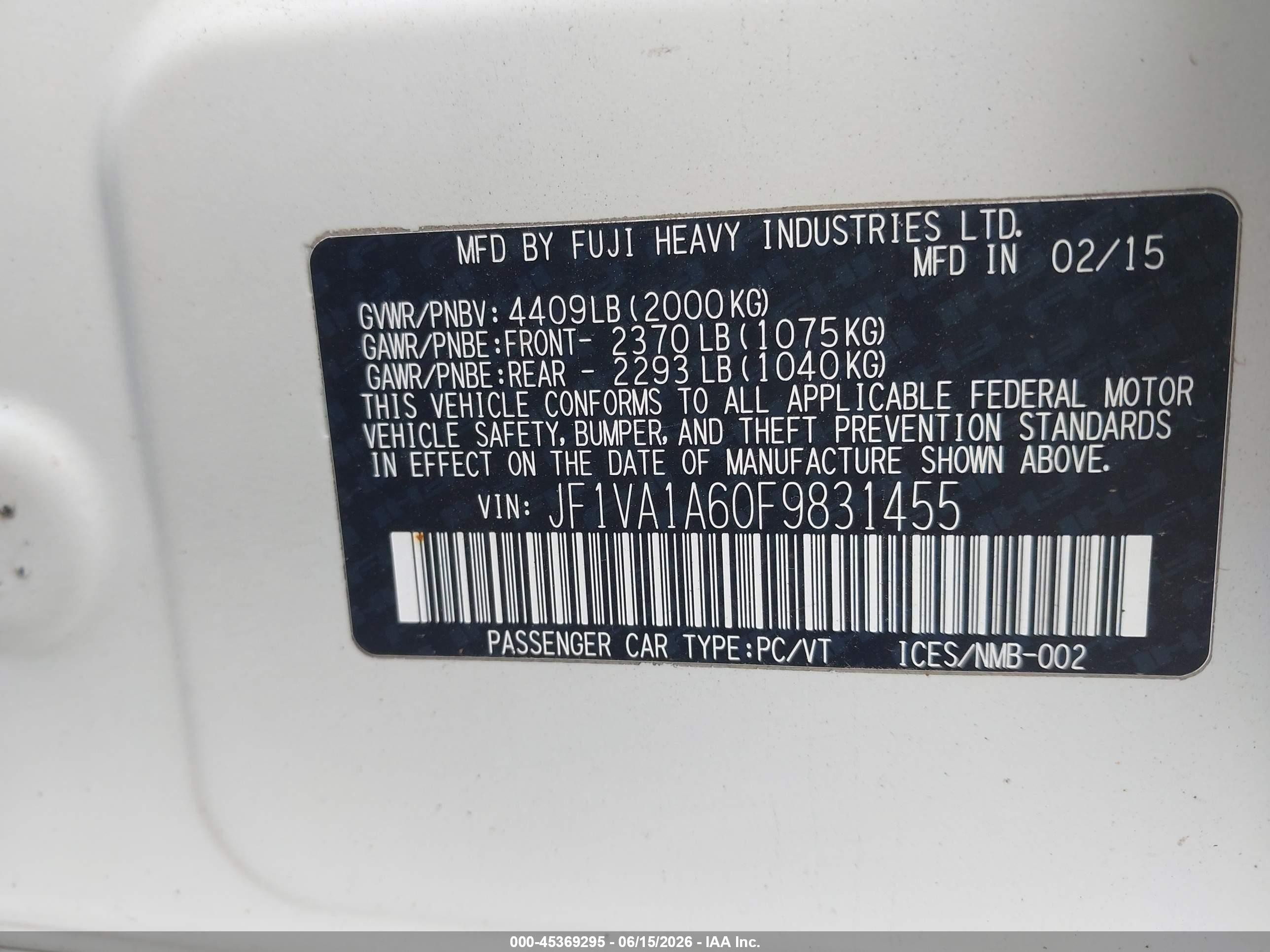 2015 Subaru Wrx Белый vin: JF1VA1A60F9831455