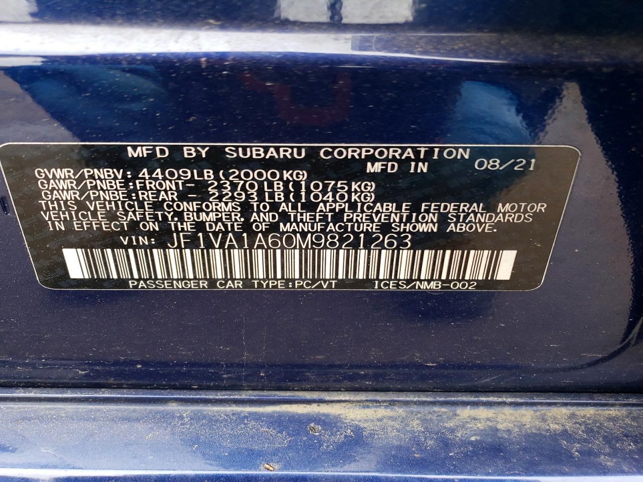 2021 Subaru Wrx Blue vin: JF1VA1A60M9821263