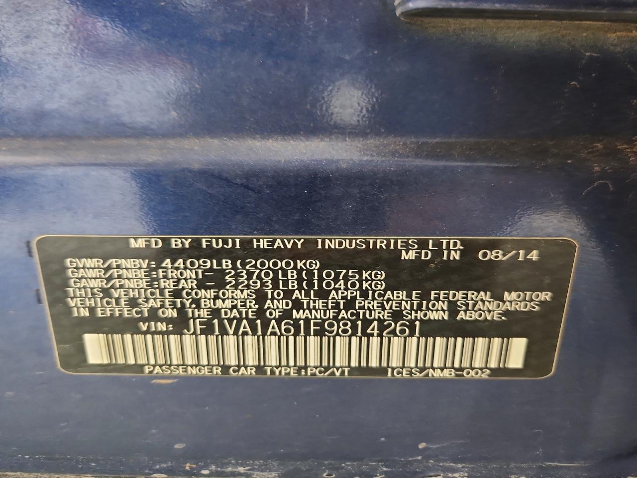 2015 Subaru Wrx Blue vin: JF1VA1A61F9814261