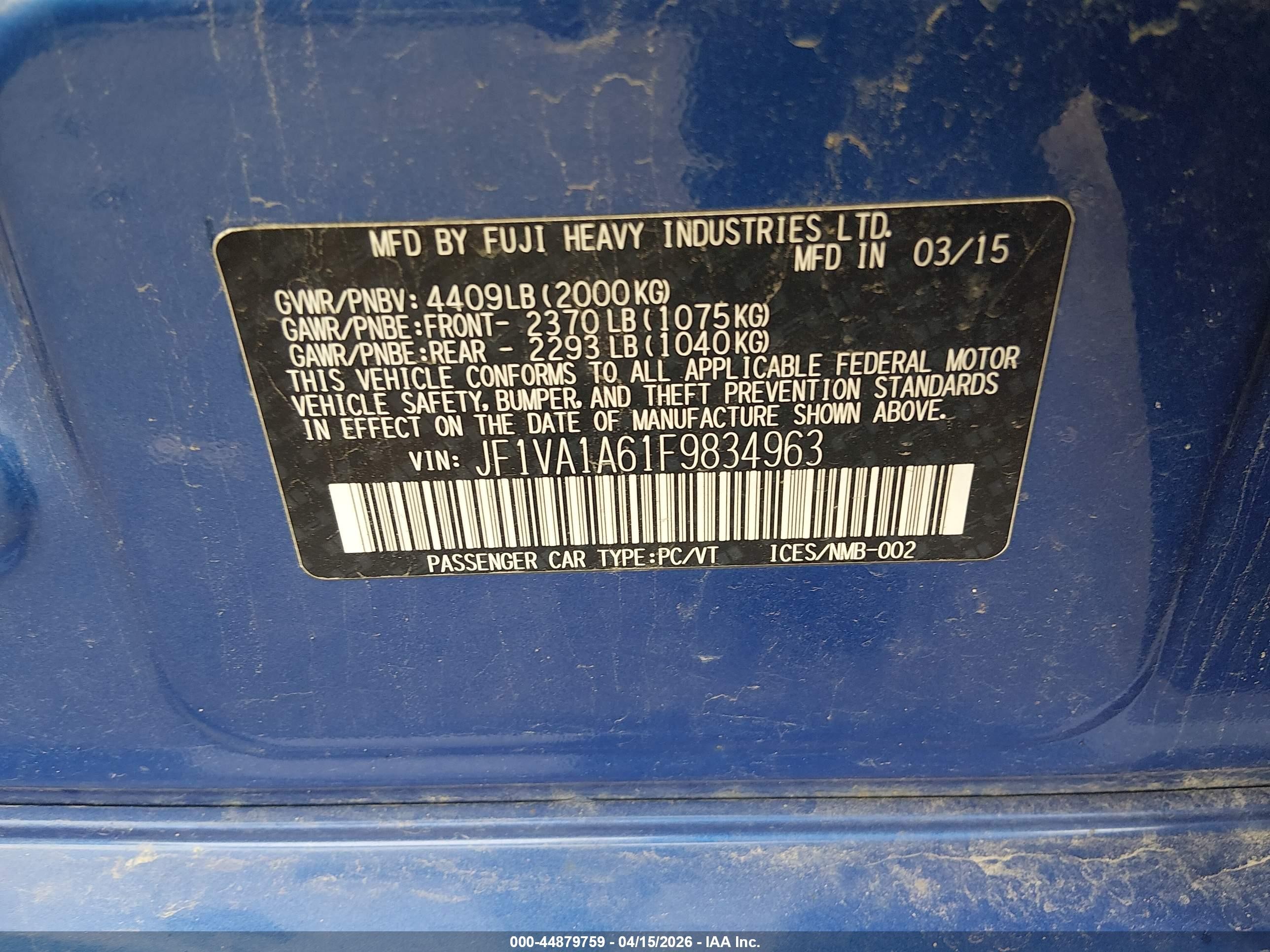 2015 Subaru Wrx   Blue vin: JF1VA1A61F9834963