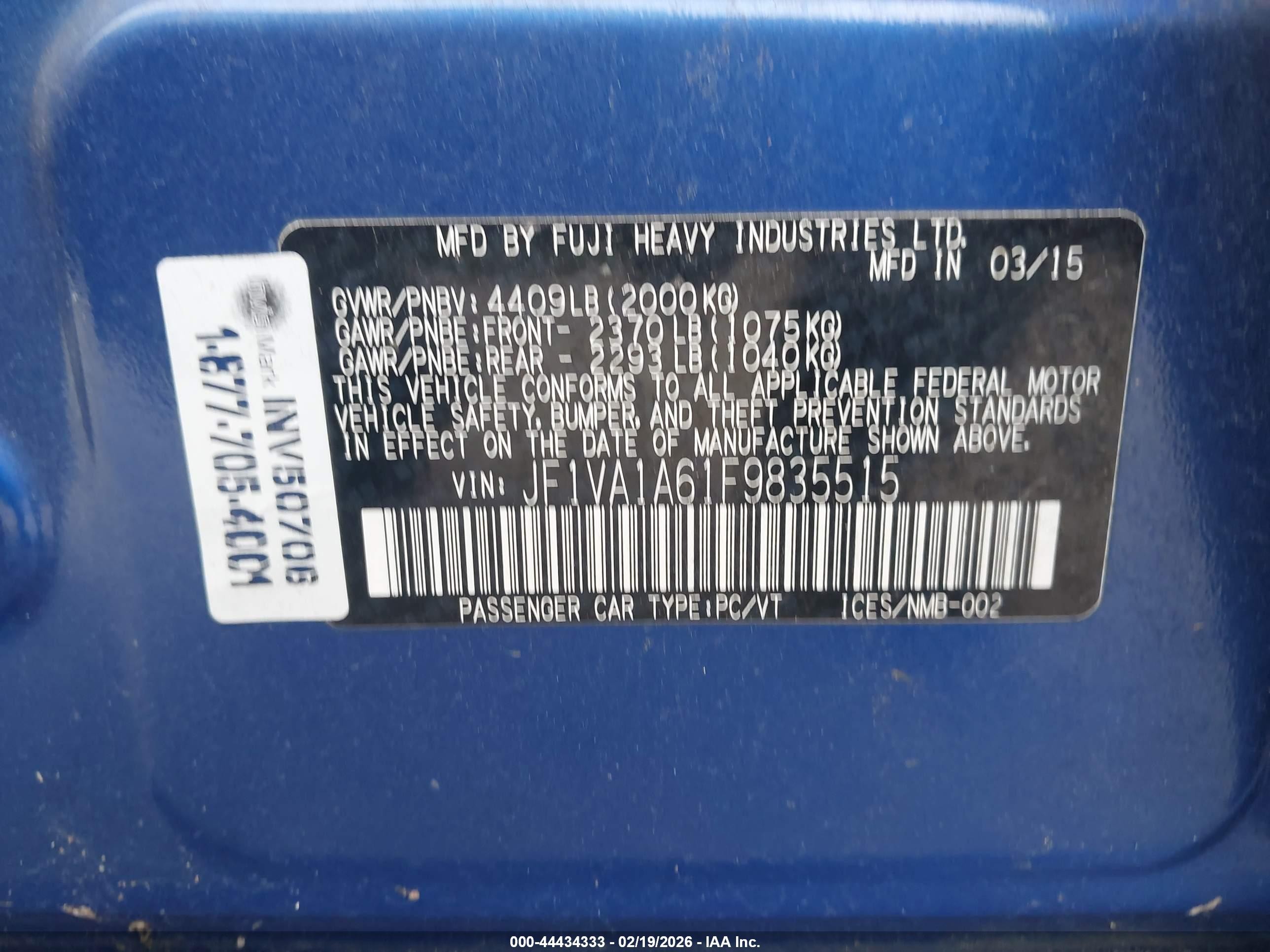 2015 Subaru Wrx Blue vin: JF1VA1A61F9835515