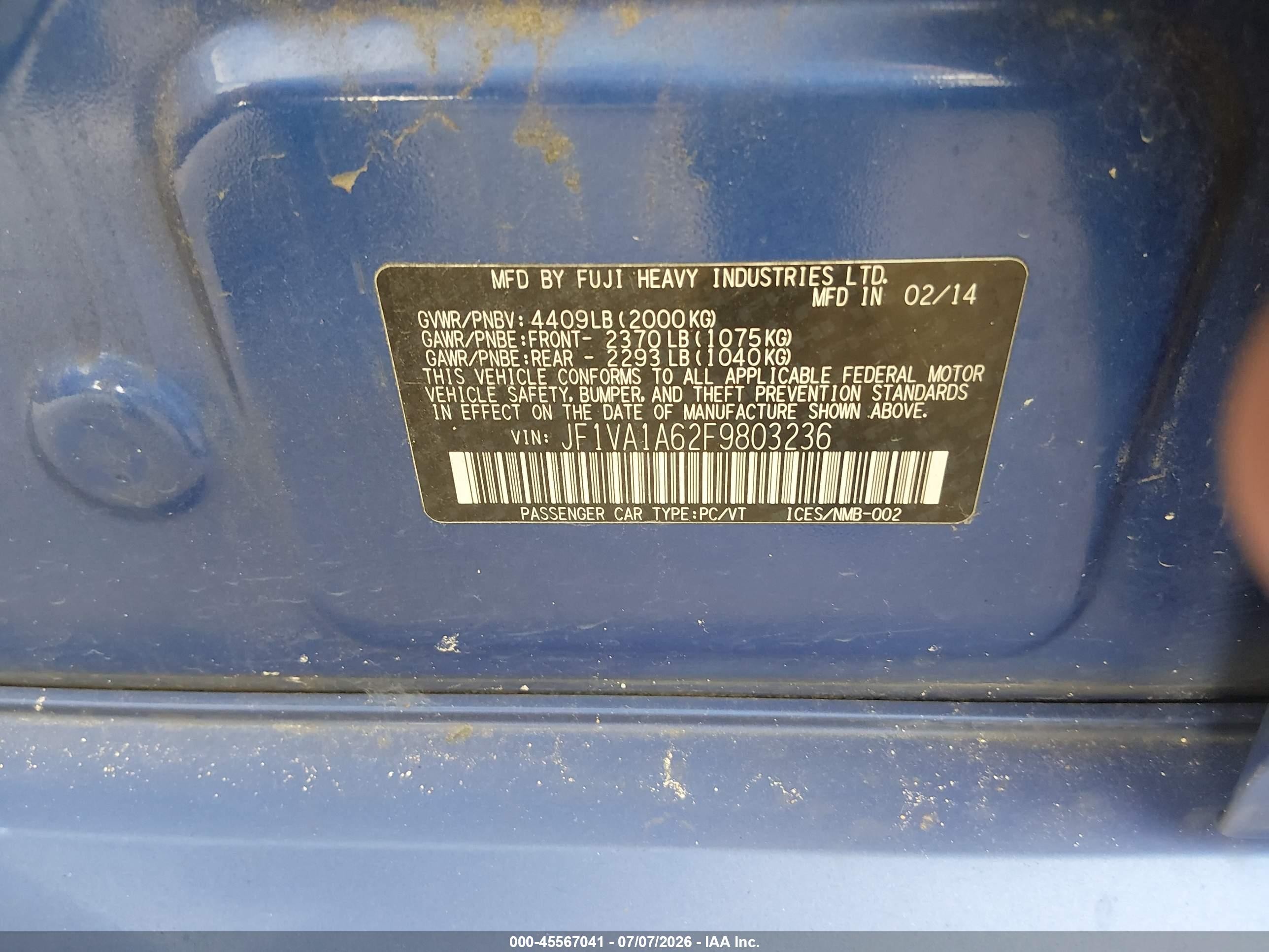 2015 Subaru Wrx   Blue vin: JF1VA1A62F9803236