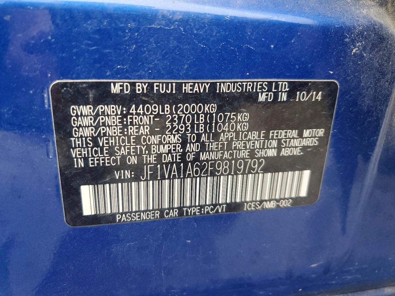 2015 Subaru Wrx Blue vin: JF1VA1A62F9819792