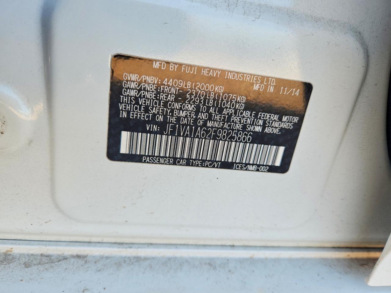 2015 Subaru Wrx Белый vin: JF1VA1A62F9825866