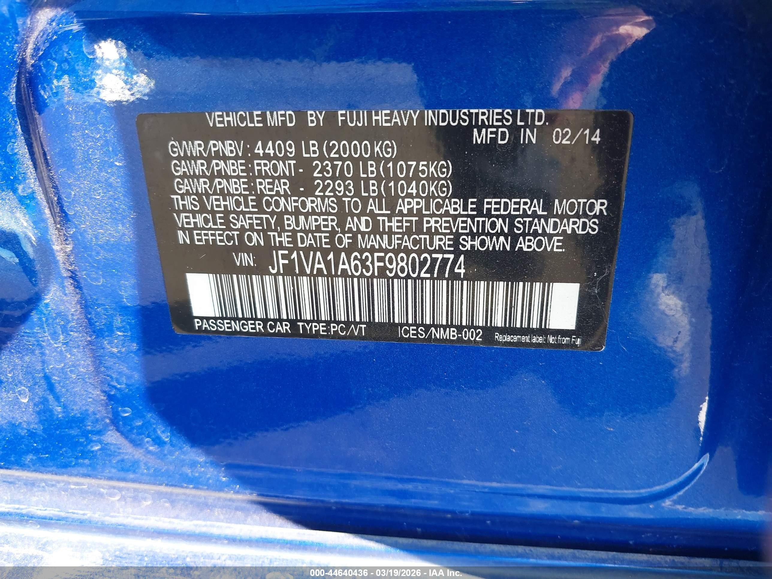 2015 Subaru Wrx   Синий vin: JF1VA1A63F9802774