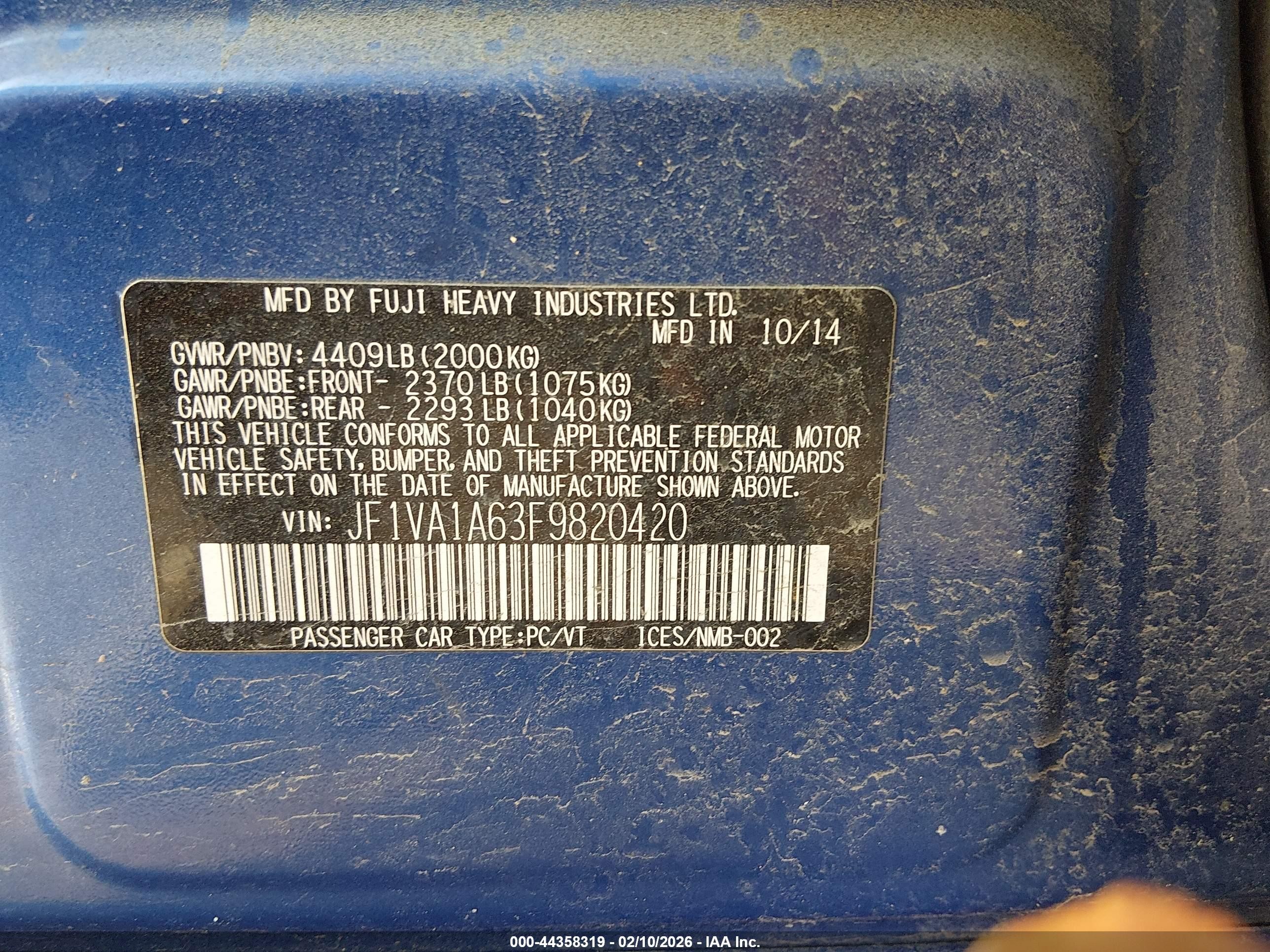 2015 Subaru Wrx   Blue vin: JF1VA1A63F9820420