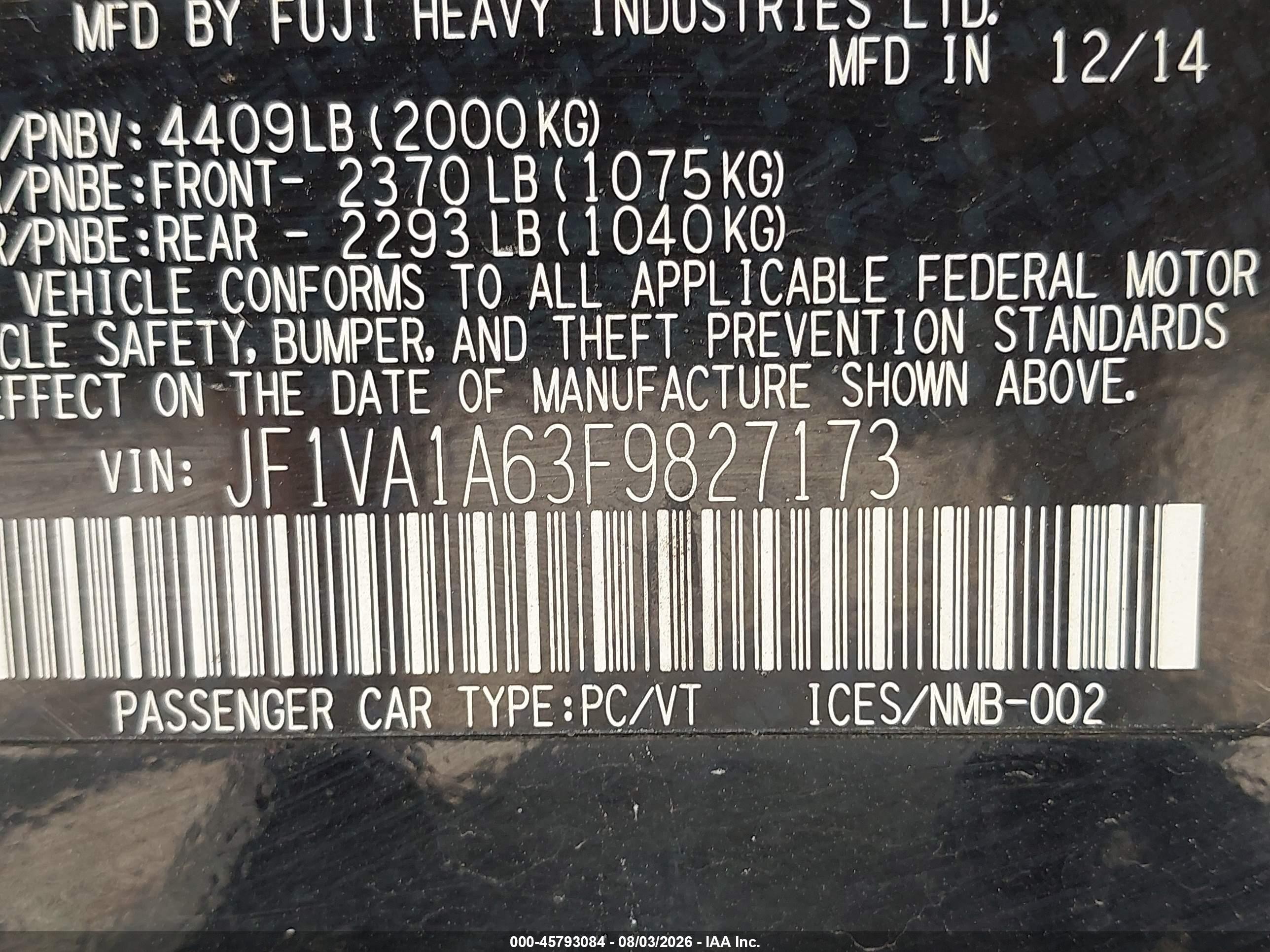 2015 Subaru Wrx   Black vin: JF1VA1A63F9827173