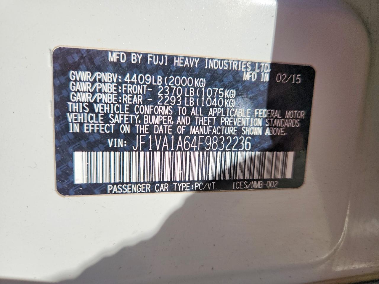 2015 Subaru Wrx Белый vin: JF1VA1A64F9832236