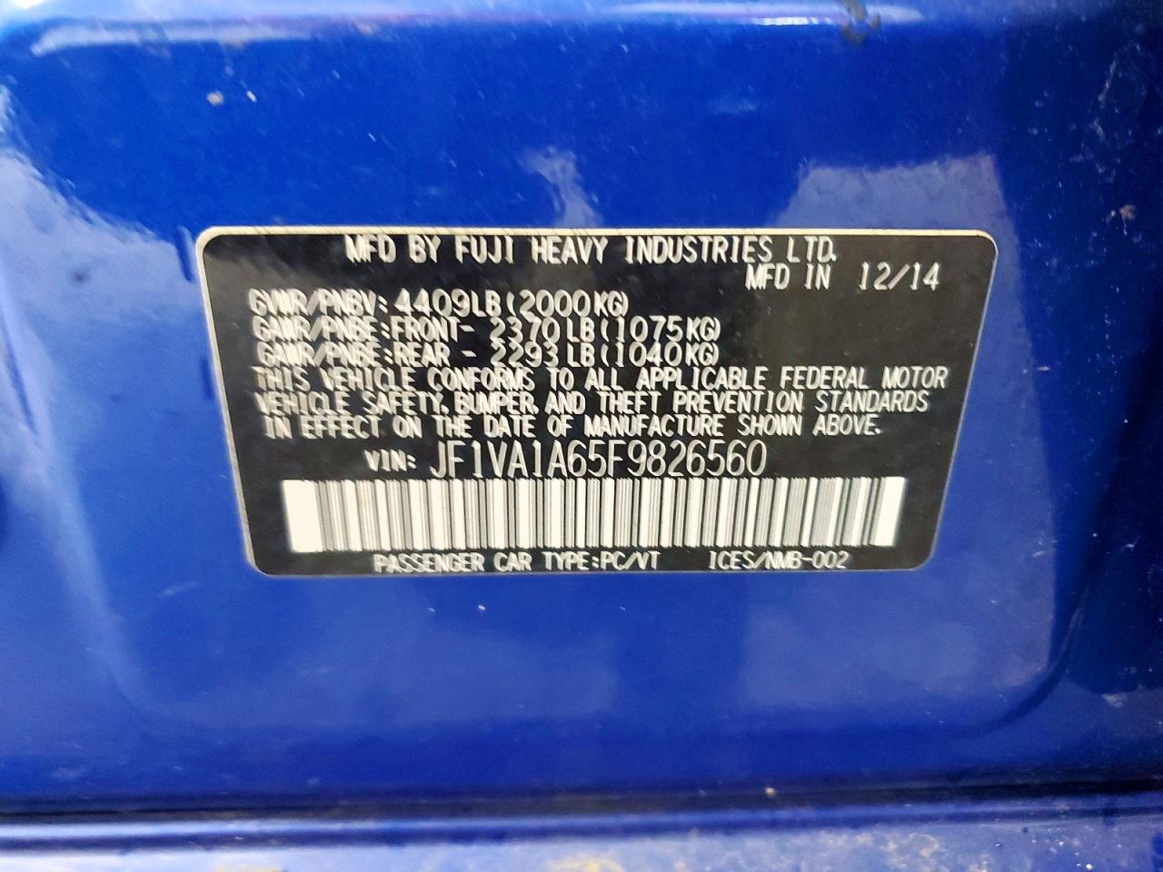 2015 Subaru Wrx Blue vin: JF1VA1A65F9826560