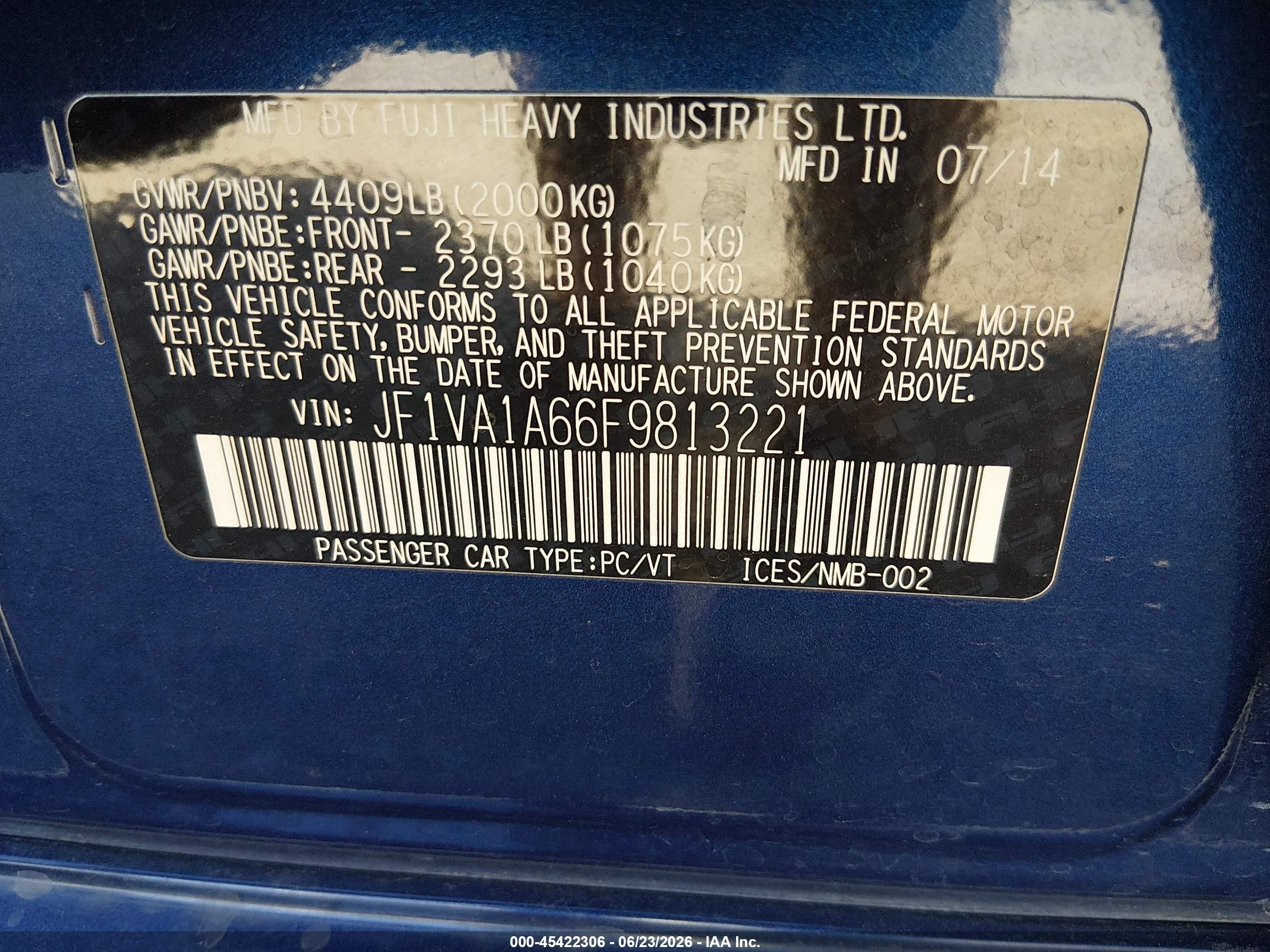 2015 Subaru Wrx   Синий vin: JF1VA1A66F9813221