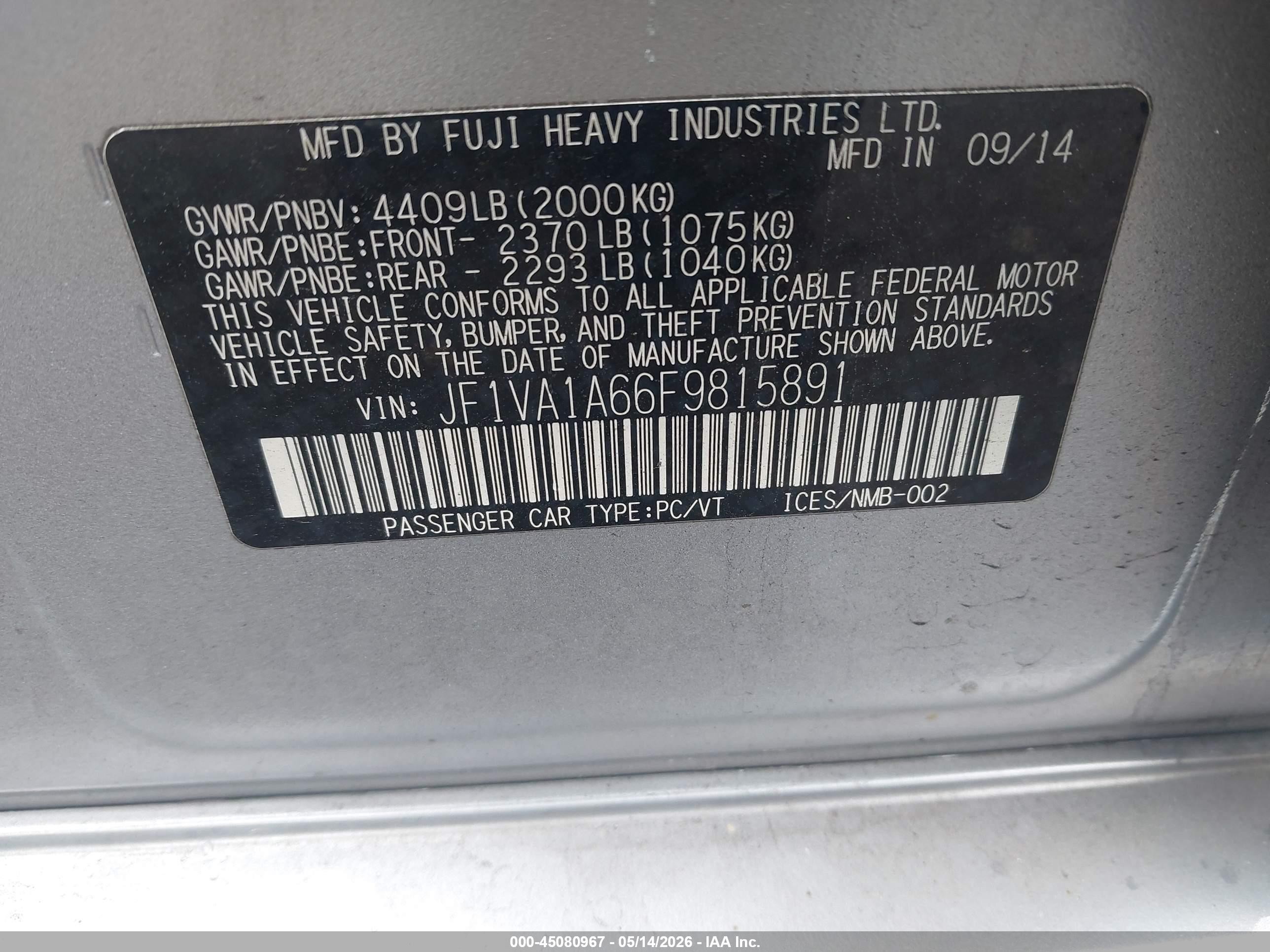 2015 Subaru Wrx   Silver vin: JF1VA1A66F9815891