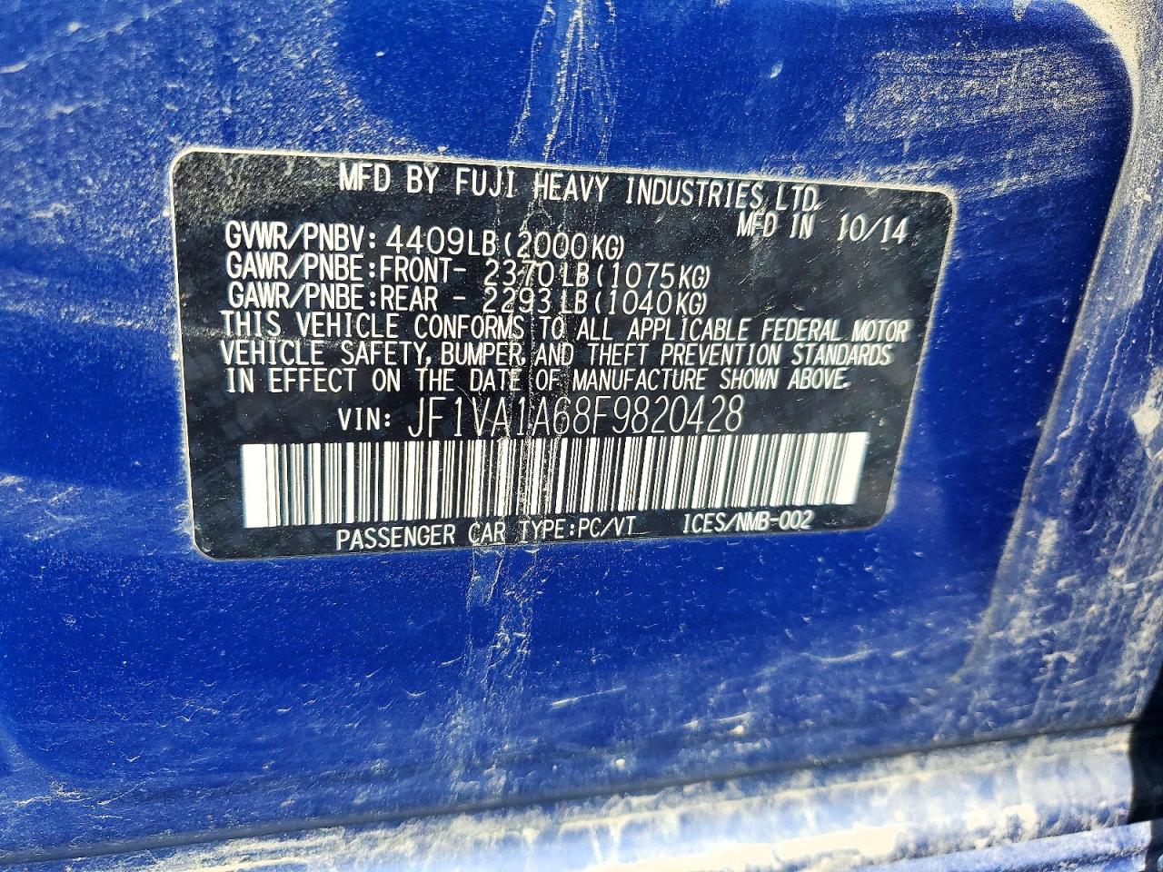2015 Subaru Wrx Blue vin: JF1VA1A68F9820428