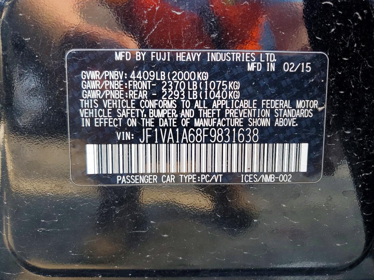 2015 Subaru Wrx Black vin: JF1VA1A68F9831638