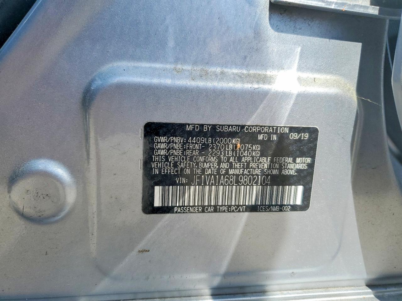 2020 Subaru Wrx Silver vin: JF1VA1A68L9802104