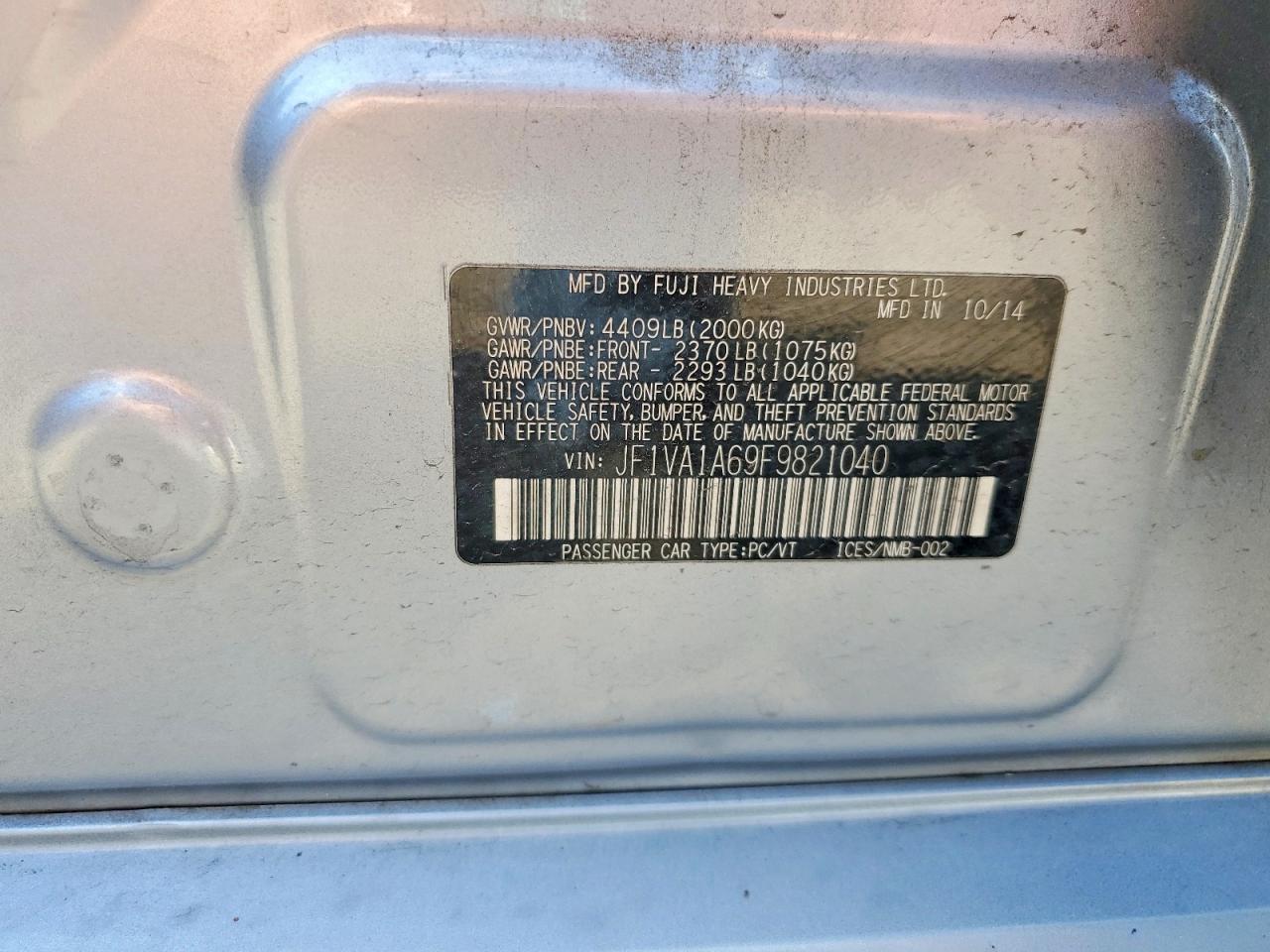 2015 Subaru Wrx Серебряный vin: JF1VA1A69F9821040