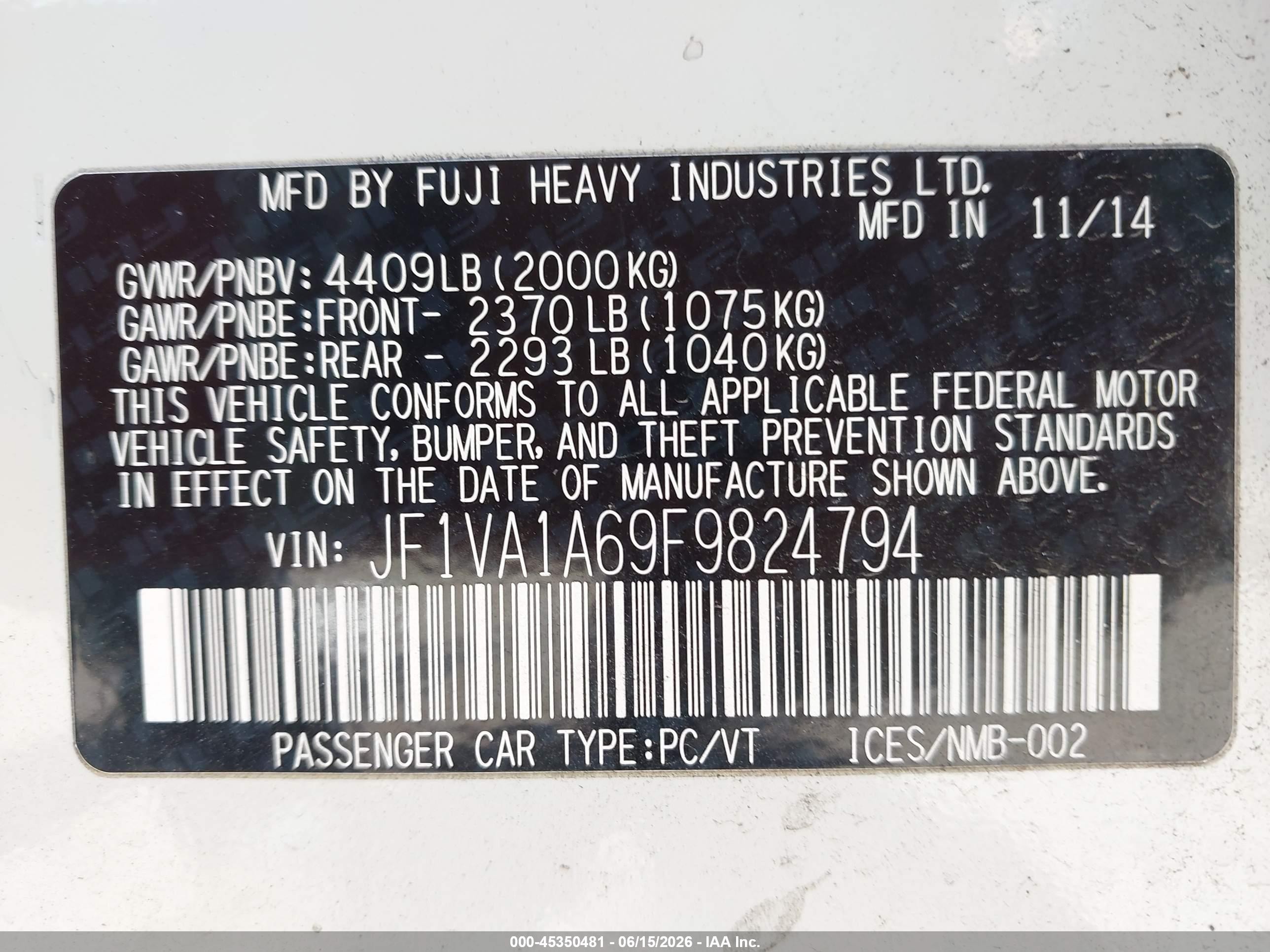 2015 Subaru Wrx   Белый vin: JF1VA1A69F9824794
