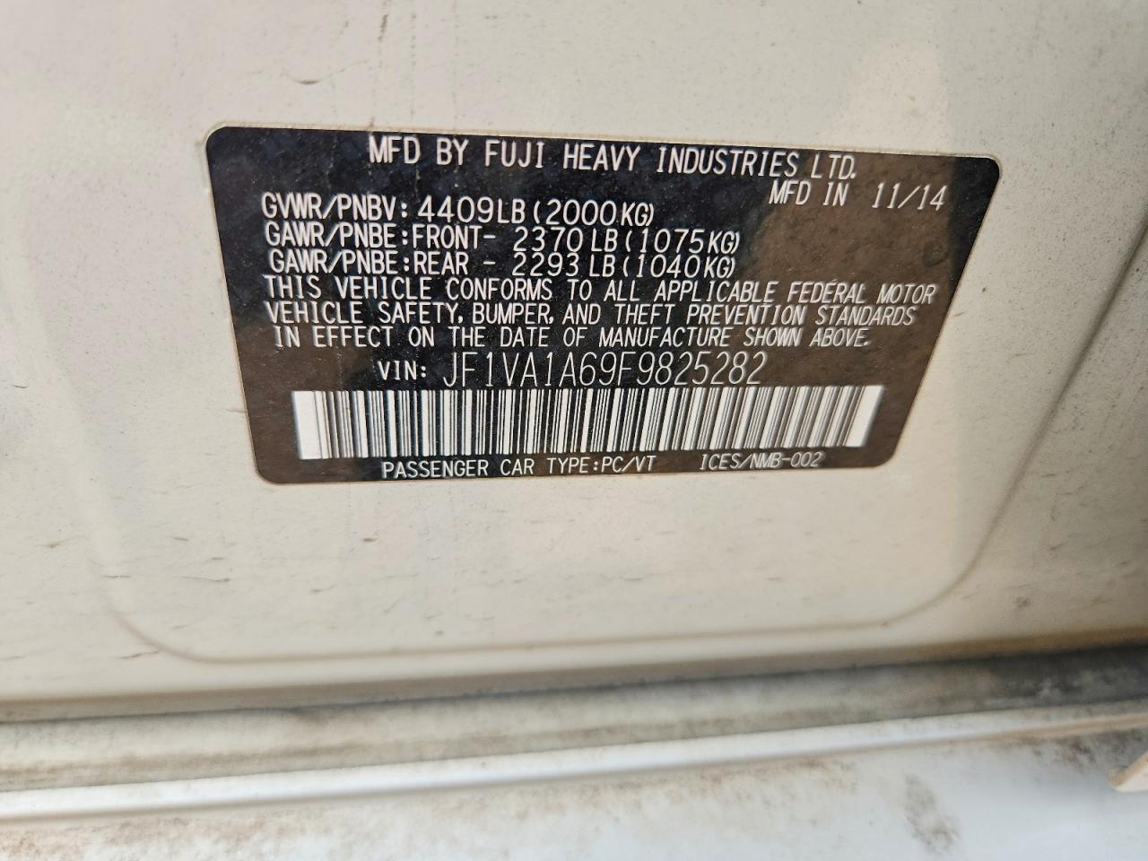 2015 Subaru Wrx White vin: JF1VA1A69F9825282