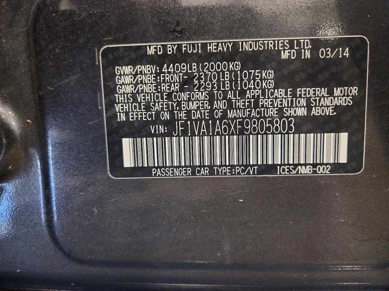 2015 Subaru Wrx Gray vin: JF1VA1A6XF9805803