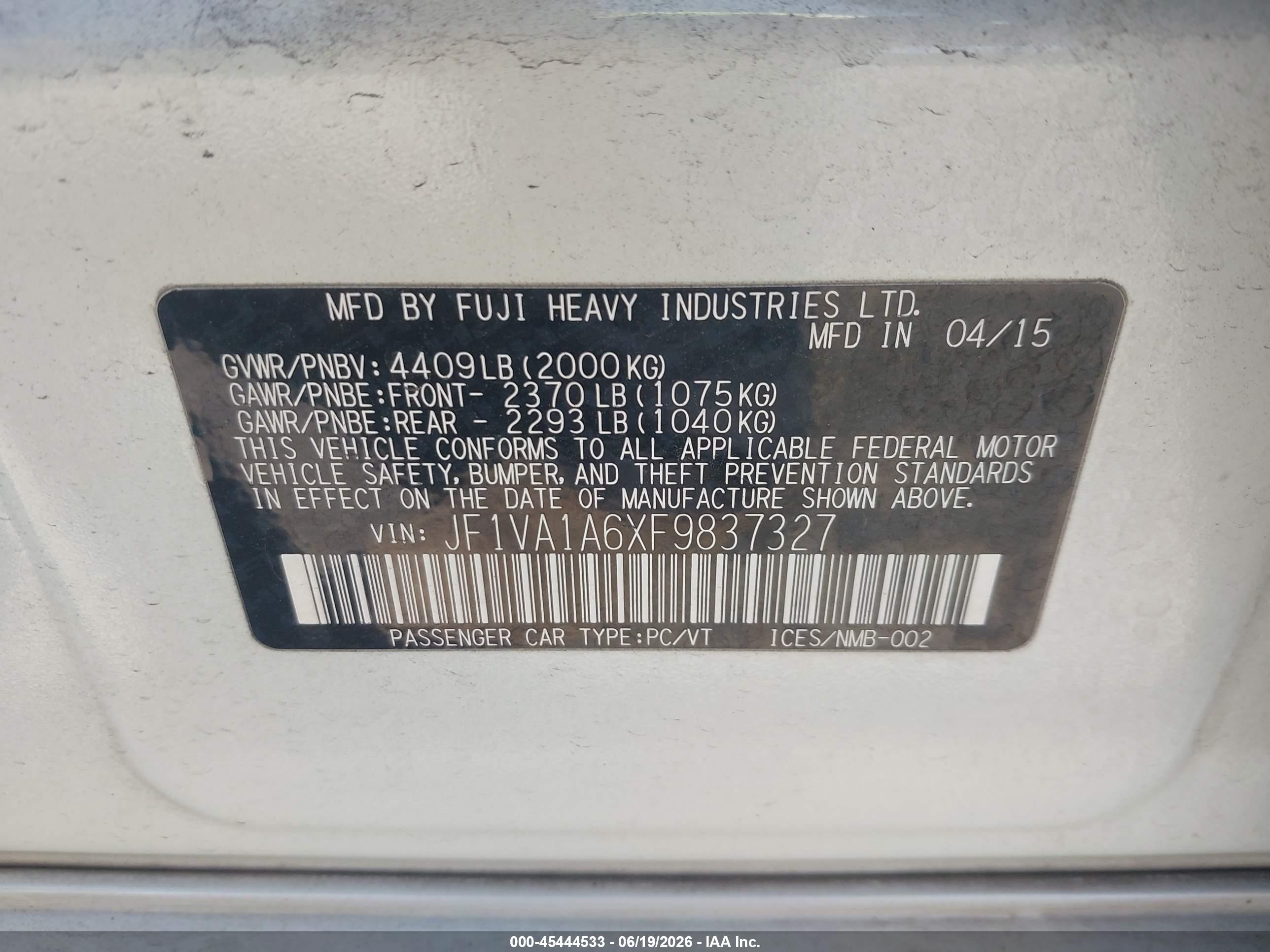 2015 Subaru Wrx   White vin: JF1VA1A6XF9837327