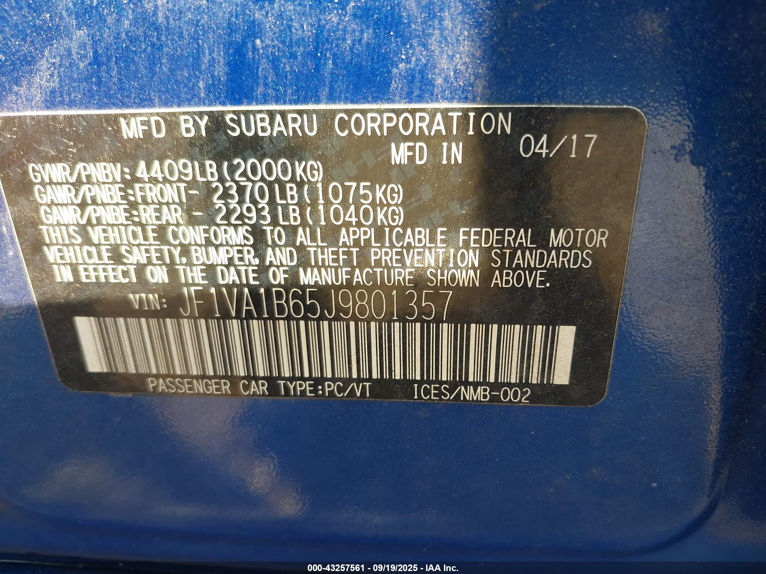 2018 Subaru Wrx Premium Blue vin: JF1VA1B65J9801357