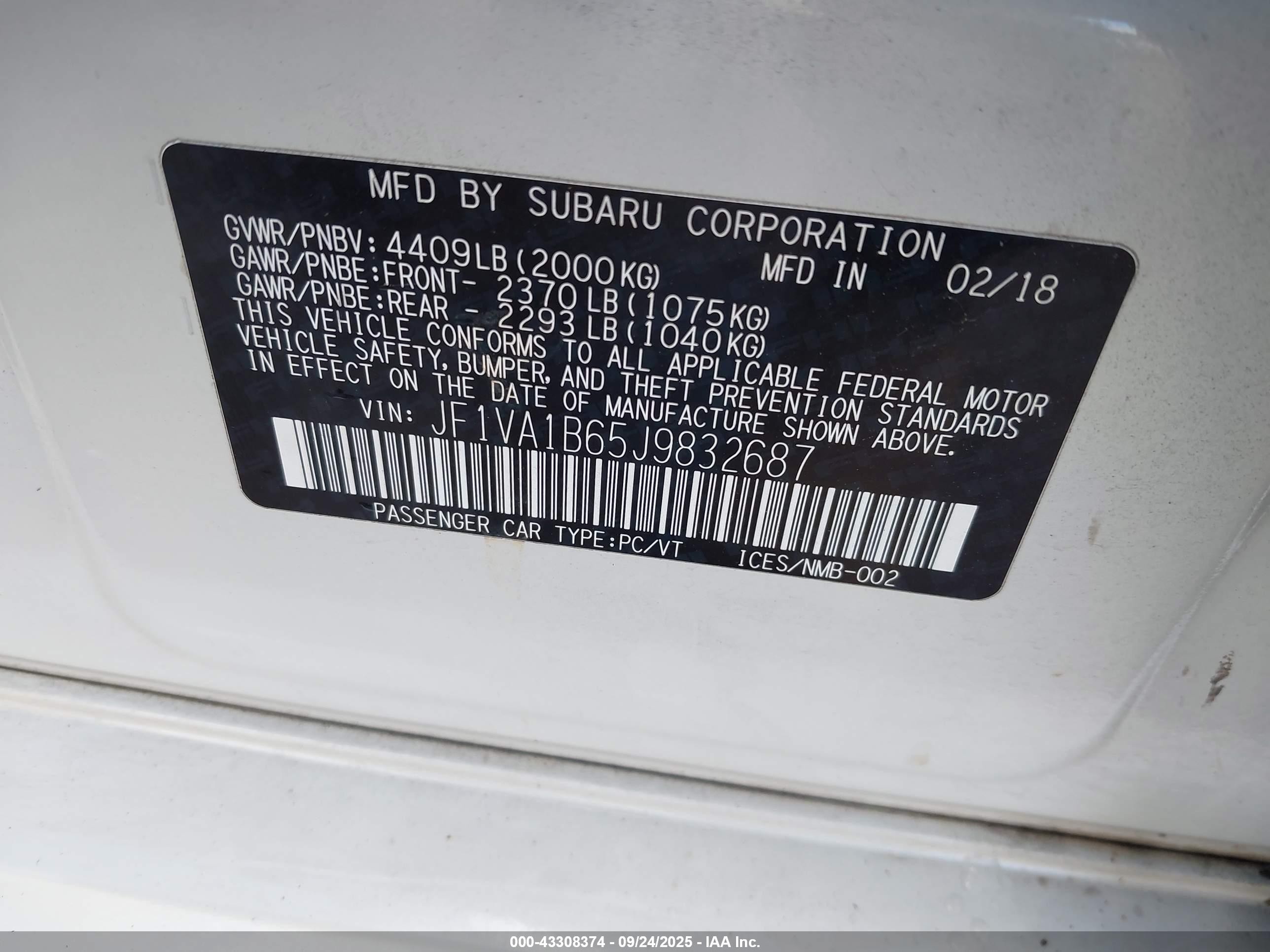 2018 Subaru Wrx Premium White vin: JF1VA1B65J9832687