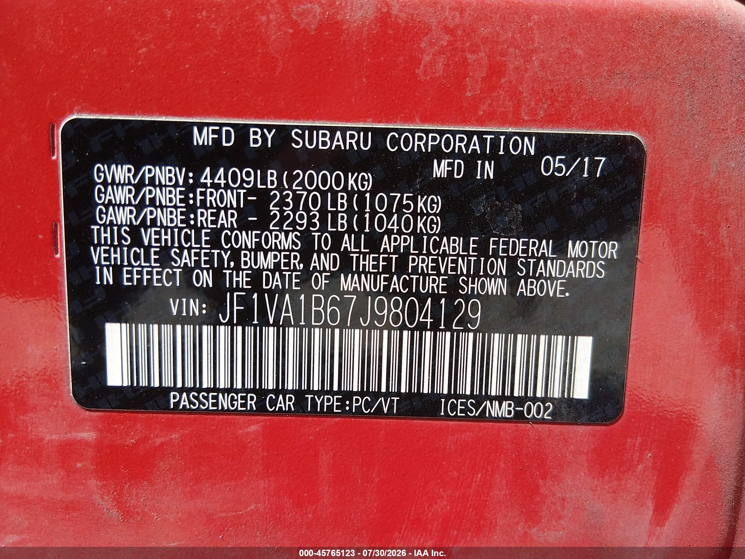 2018 Subaru Wrx Premium Red vin: JF1VA1B67J9804129