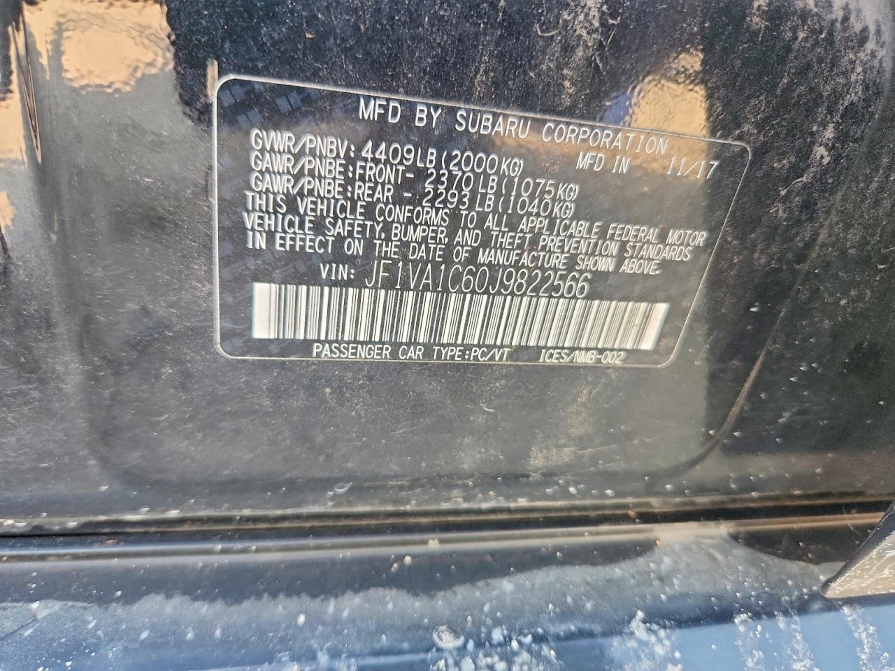 2018 Subaru Wrx Premium Black vin: JF1VA1C60J9822566