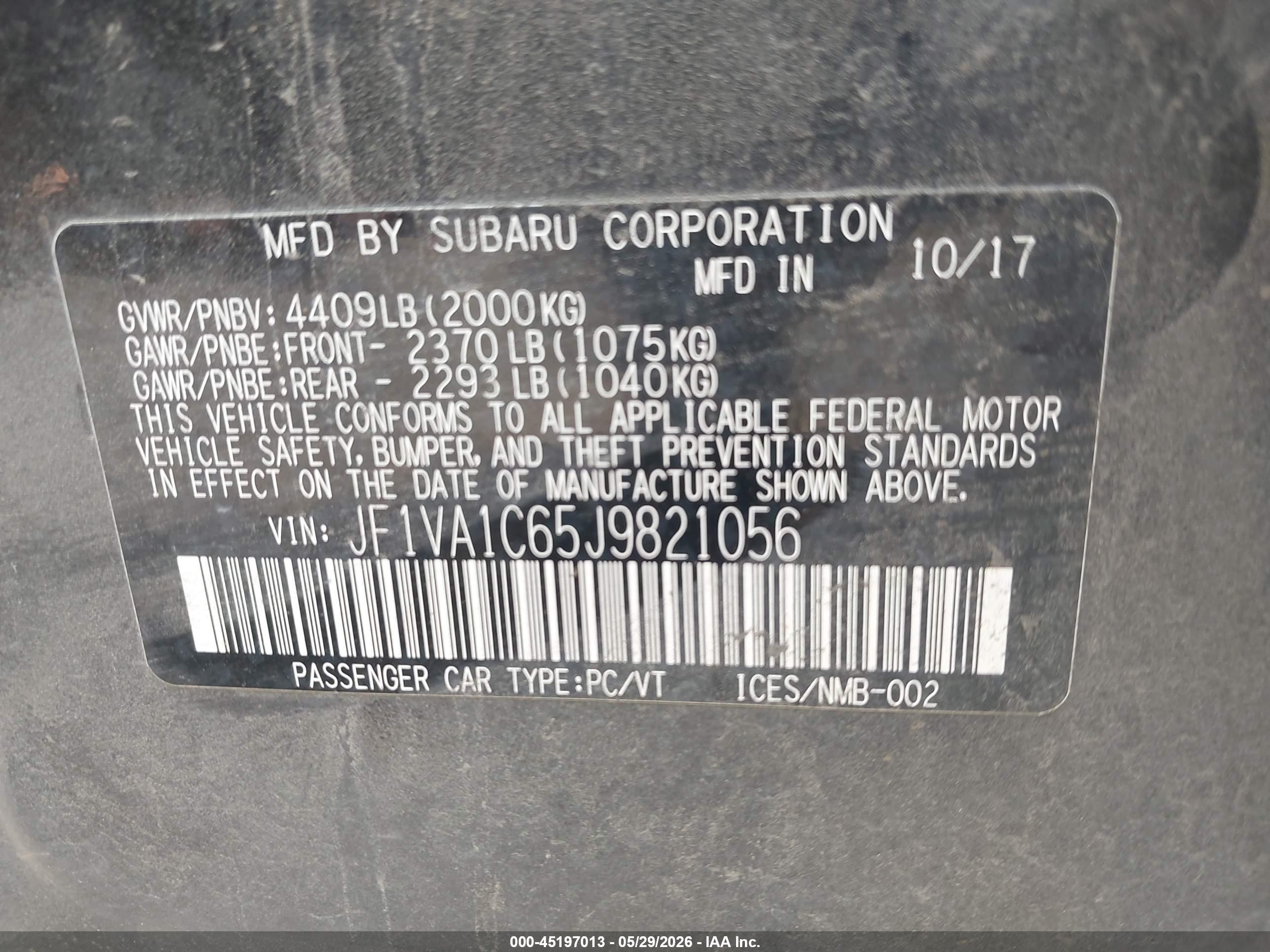 2018 Subaru Wrx Premium Black vin: JF1VA1C65J9821056