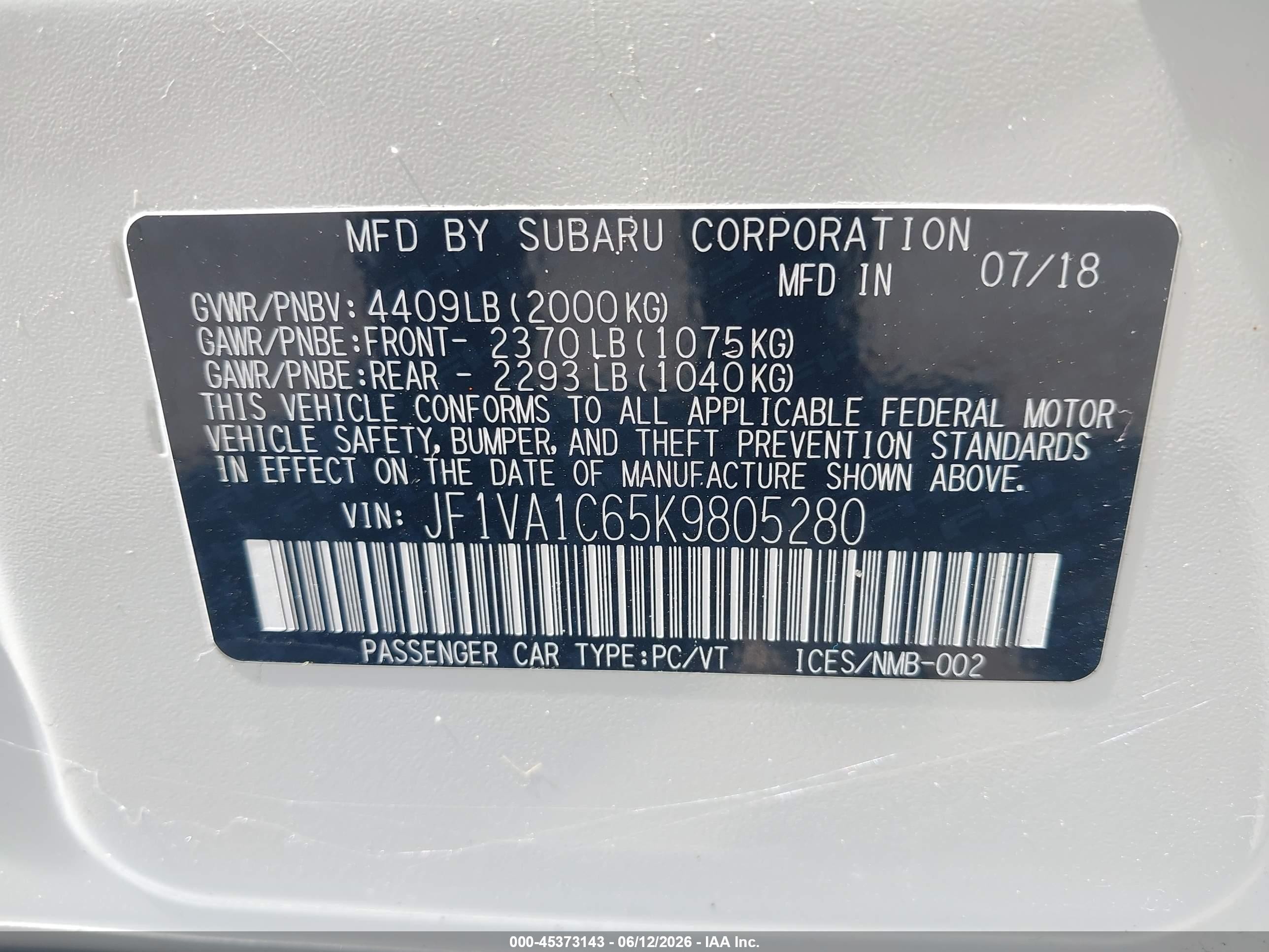2019 Subaru Wrx Premium White vin: JF1VA1C65K9805280