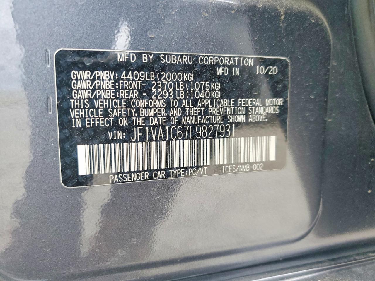 2020 Subaru Wrx Premium Gray vin: JF1VA1C67L9827931