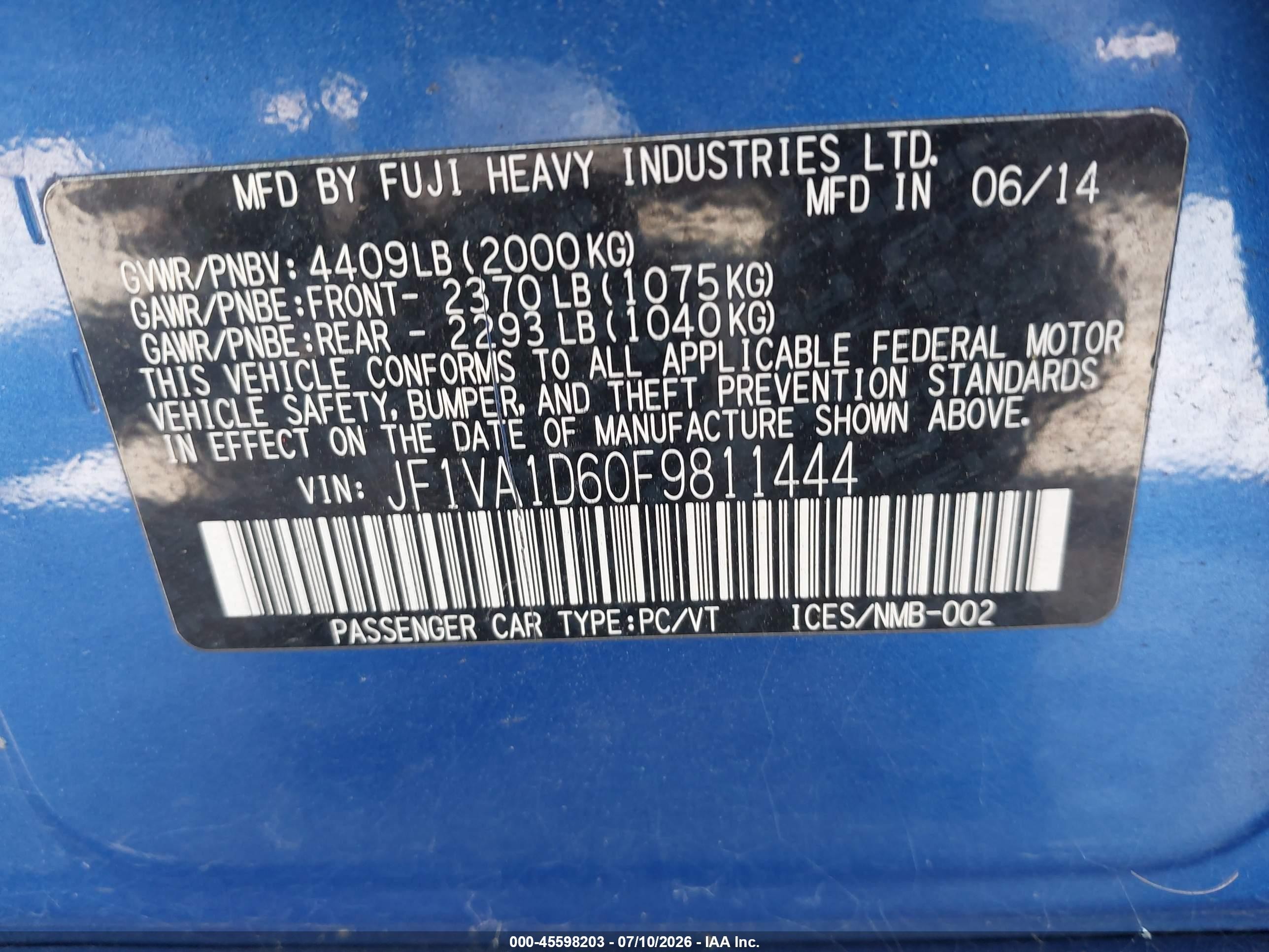 2015 Subaru Wrx Premium Синий vin: JF1VA1D60F9811444