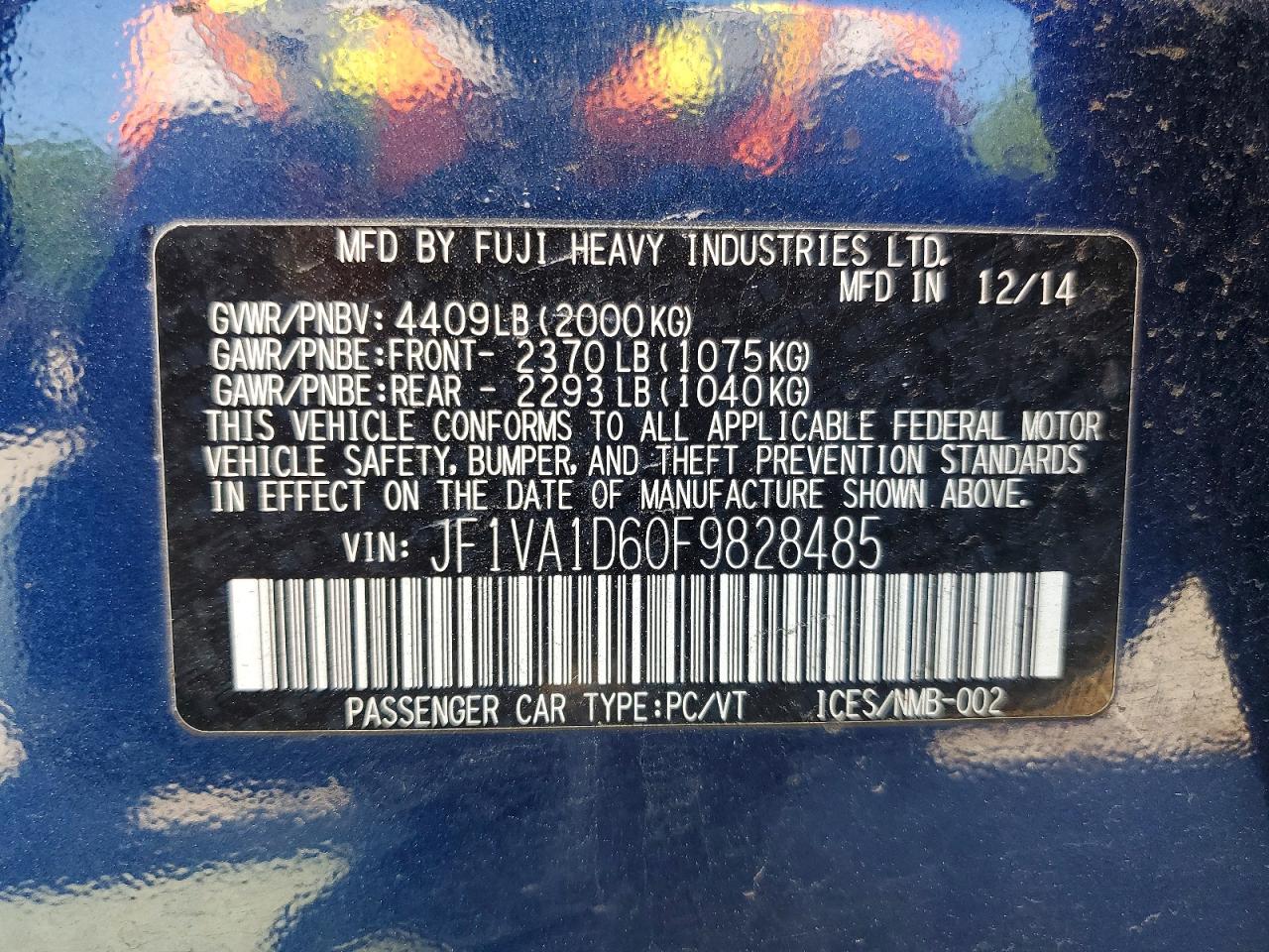 2015 Subaru Wrx Premium Blue vin: JF1VA1D60F9828485