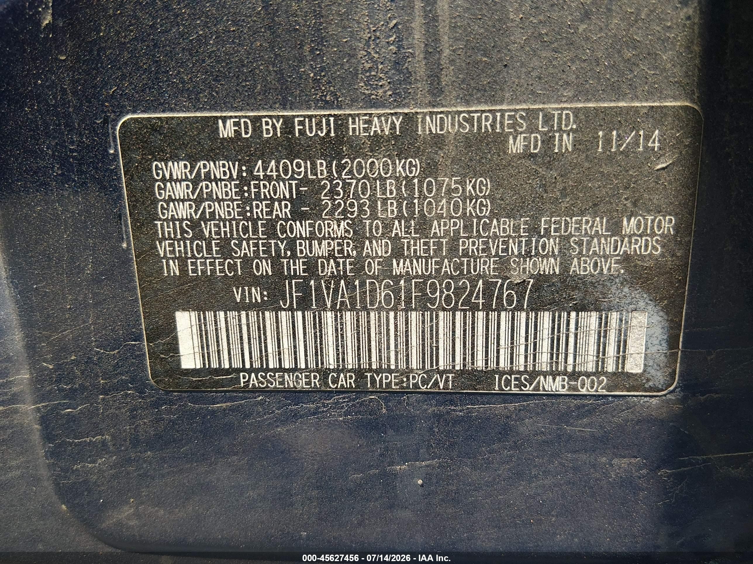 2015 Subaru Wrx Premium Blue vin: JF1VA1D61F9824767