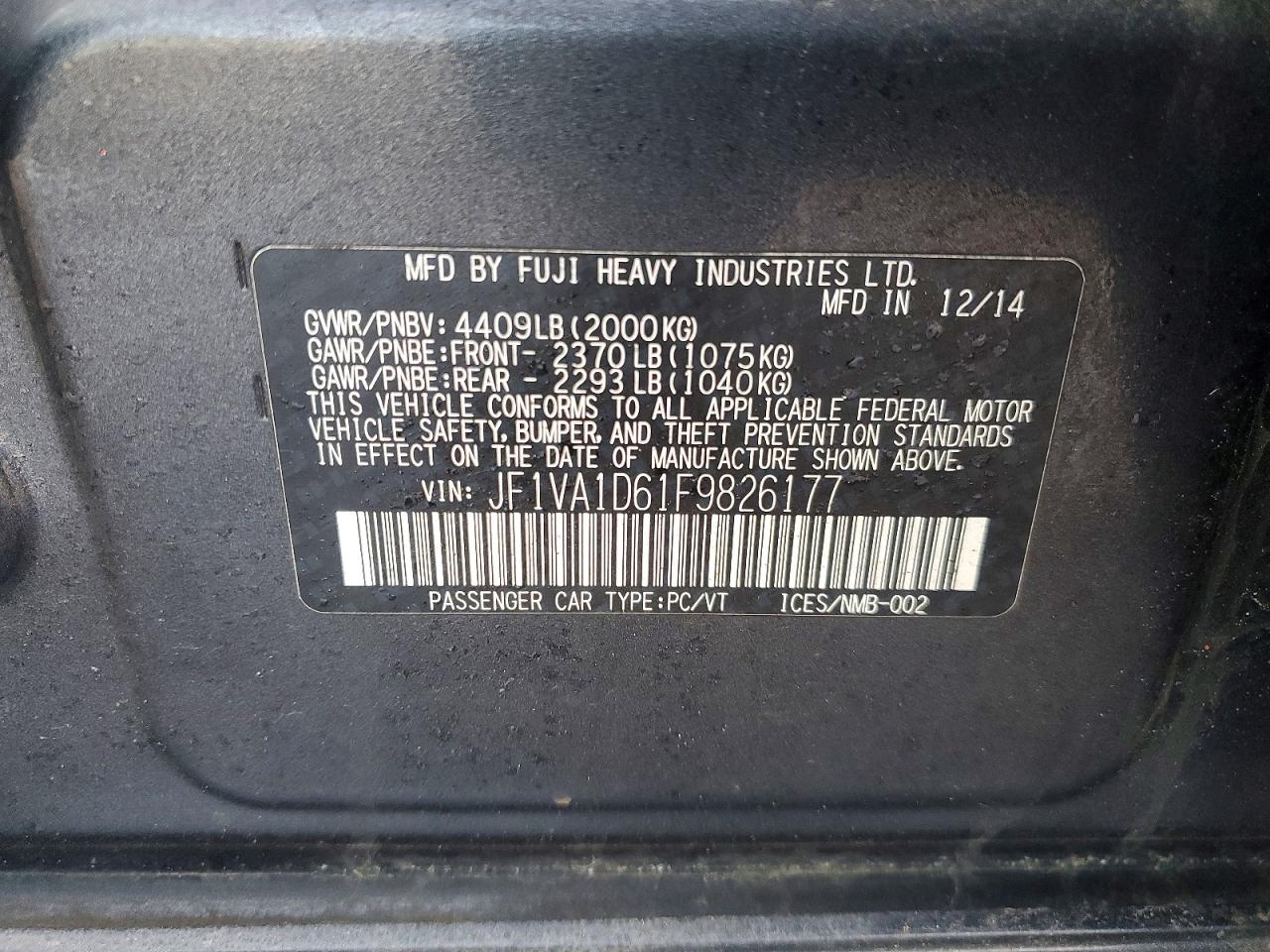 2015 Subaru Wrx Premium Charcoal vin: JF1VA1D61F9826177
