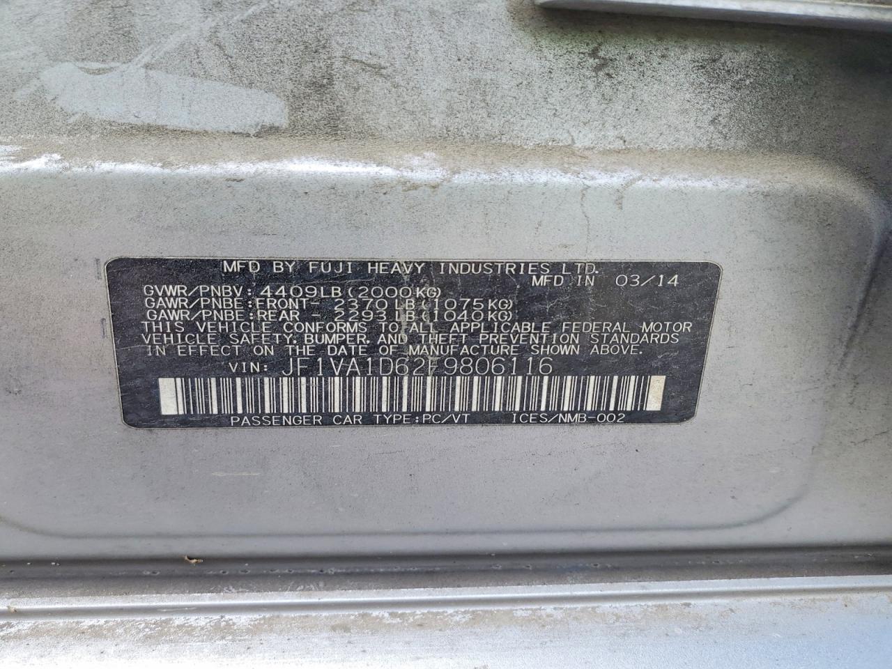 2015 Subaru Wrx Premium Silver vin: JF1VA1D62F9806116
