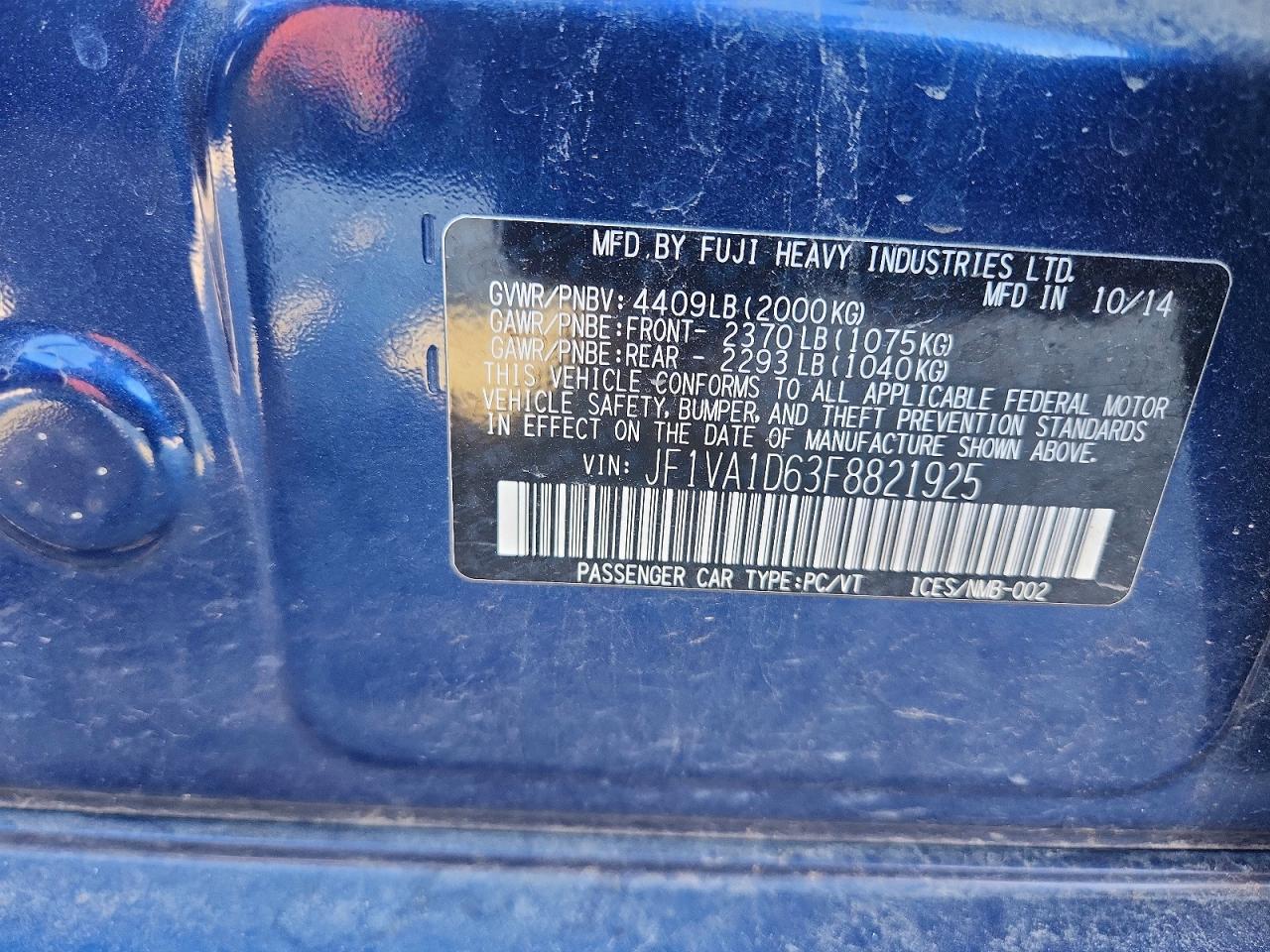 2015 Subaru Wrx Premium Blue vin: JF1VA1D63F8821925