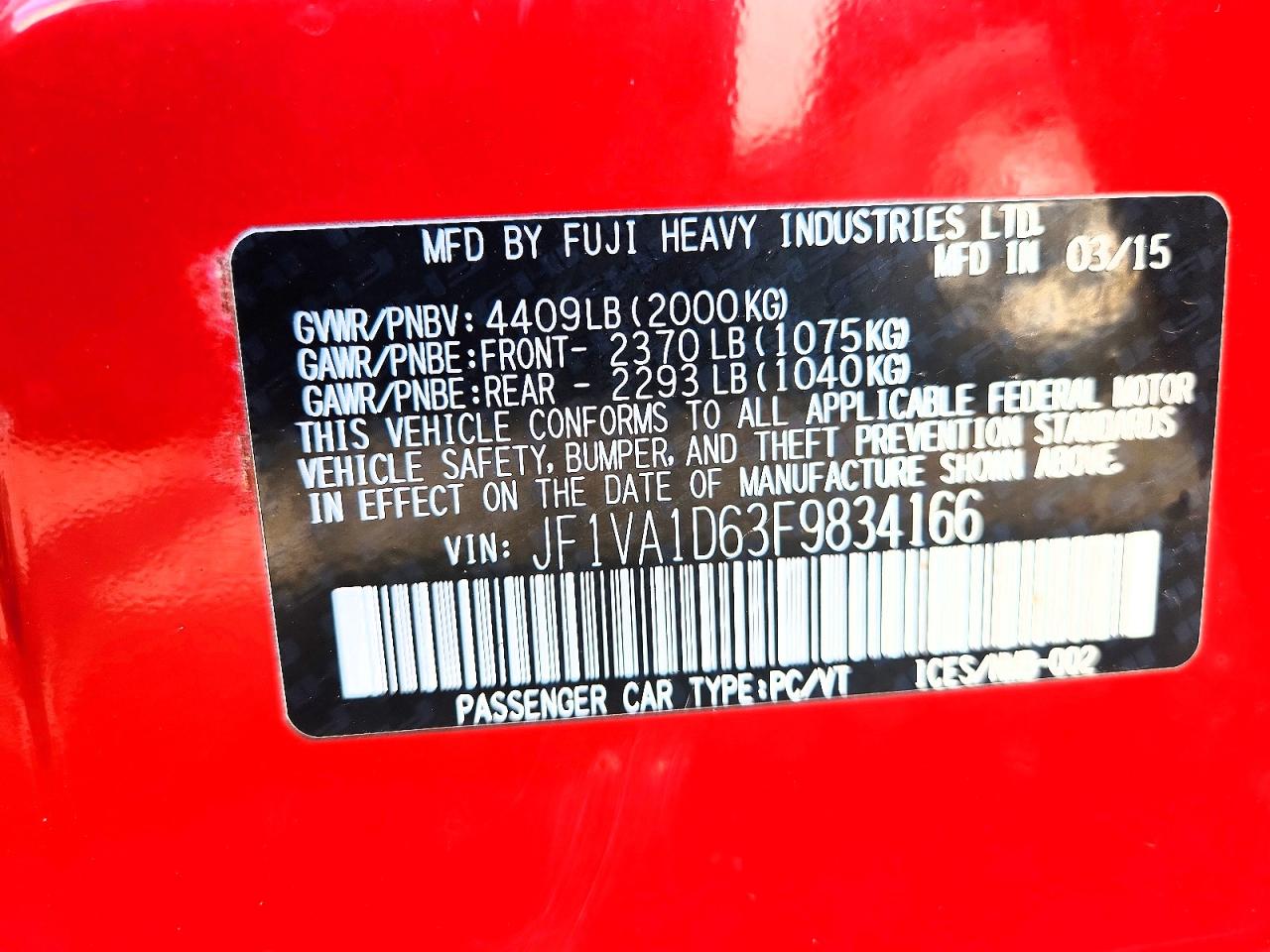 2015 Subaru Wrx Premium Red vin: JF1VA1D63F9834166