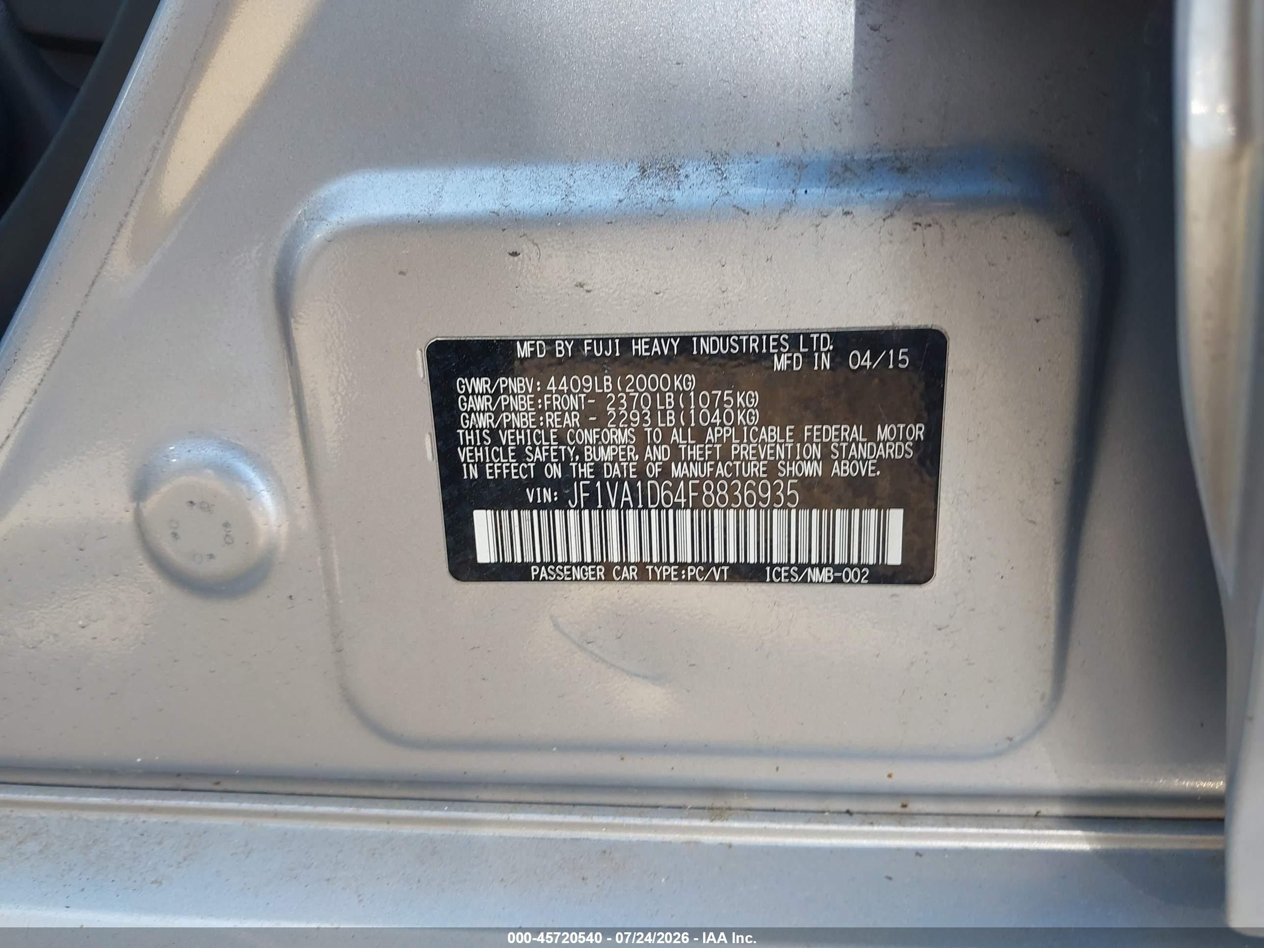 2015 Subaru Wrx Premium Silver vin: JF1VA1D64F8836935