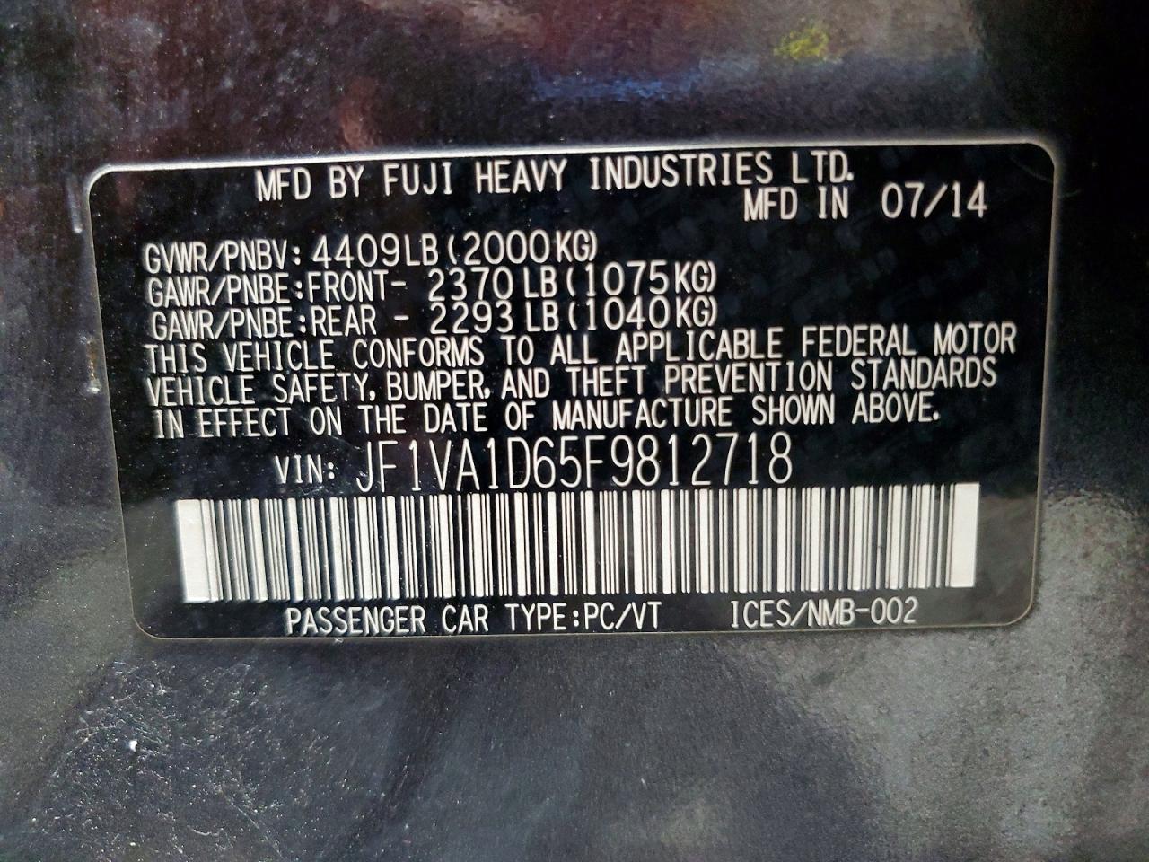 2015 Subaru Wrx Premium Угольный vin: JF1VA1D65F9812718