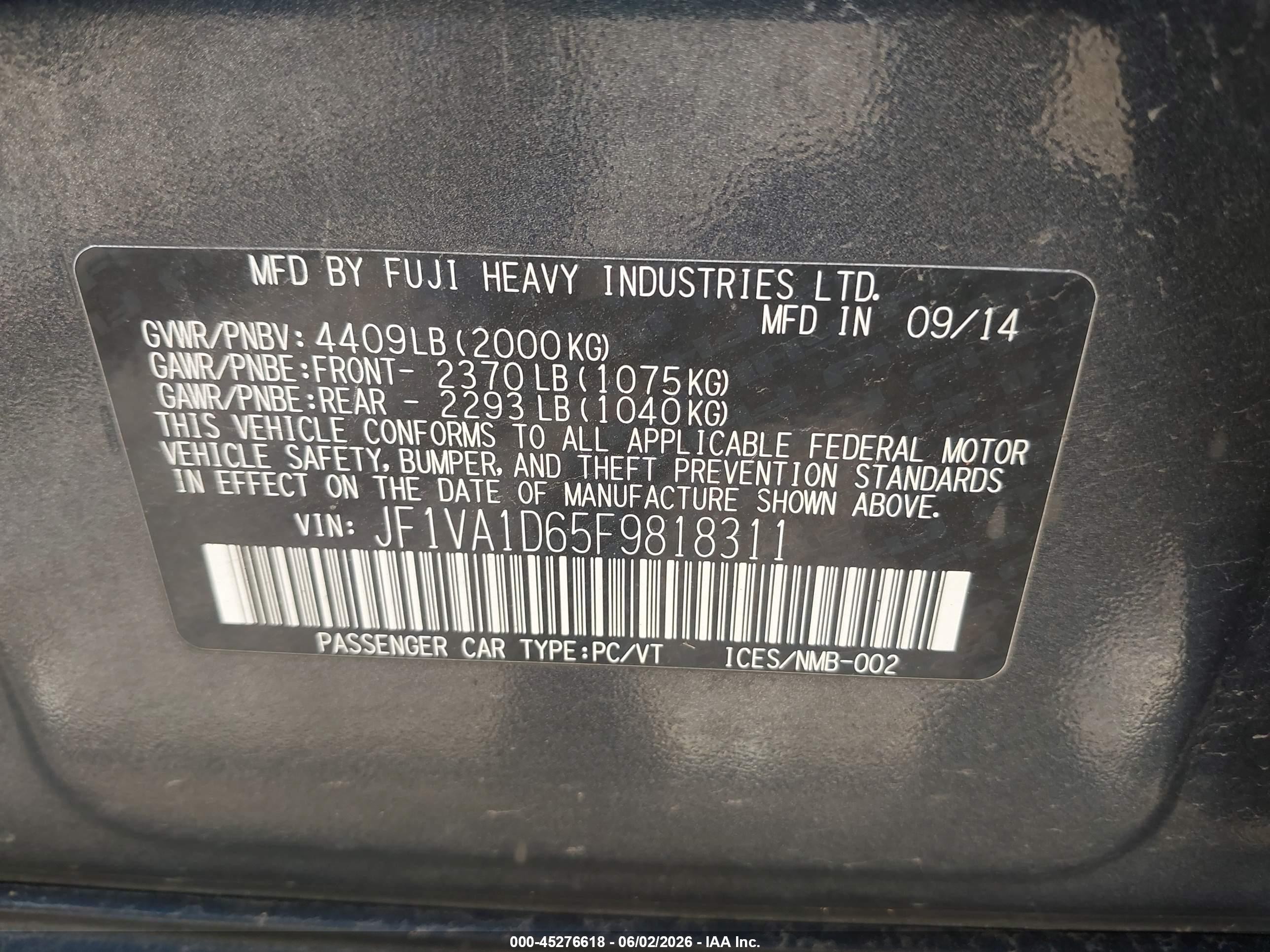 2015 Subaru Wrx Premium Gray vin: JF1VA1D65F9818311