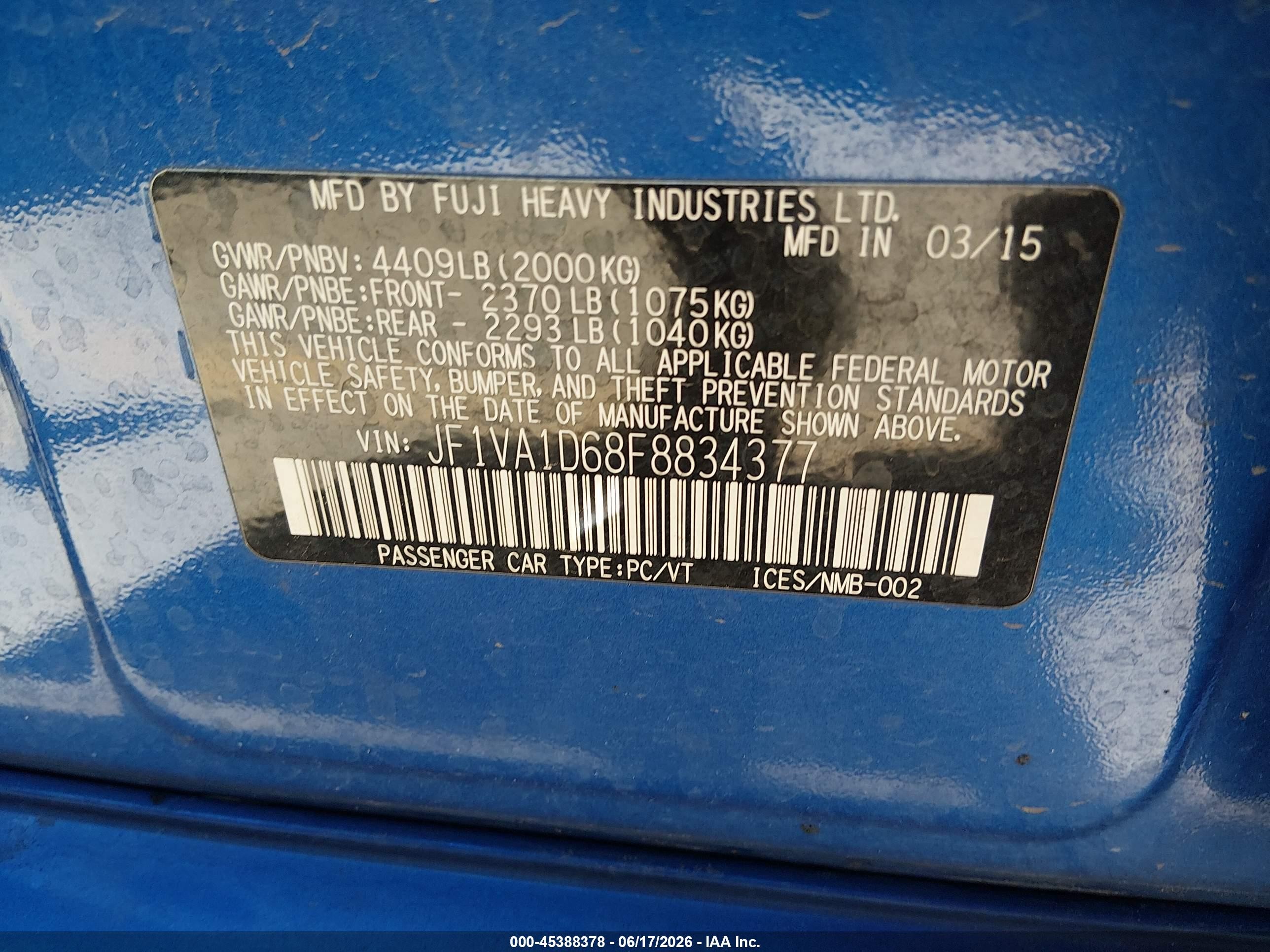 2015 Subaru Wrx Premium Blue vin: JF1VA1D68F8834377